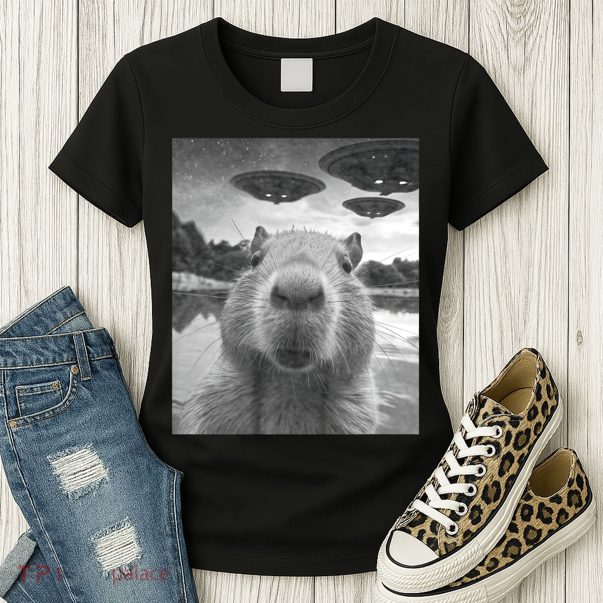 Funny Graphic Capybara Selfie With Ufos Weird Women's T-Shirt