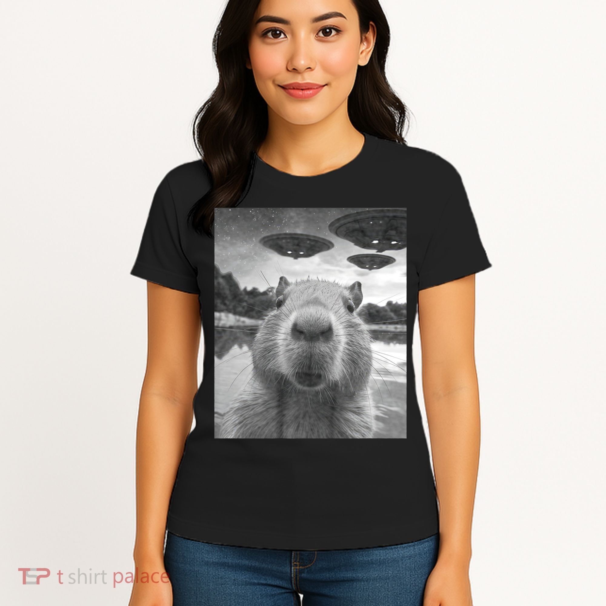 Funny Graphic Capybara Selfie With Ufos Weird Women's T-Shirt