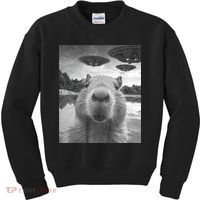 Funny Graphic Capybara Selfie With Ufos Weird Kids Sweatshirt thumb 0