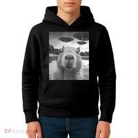 Funny Graphic Capybara Selfie With Ufos Weird Kids Hoodie thumb 4