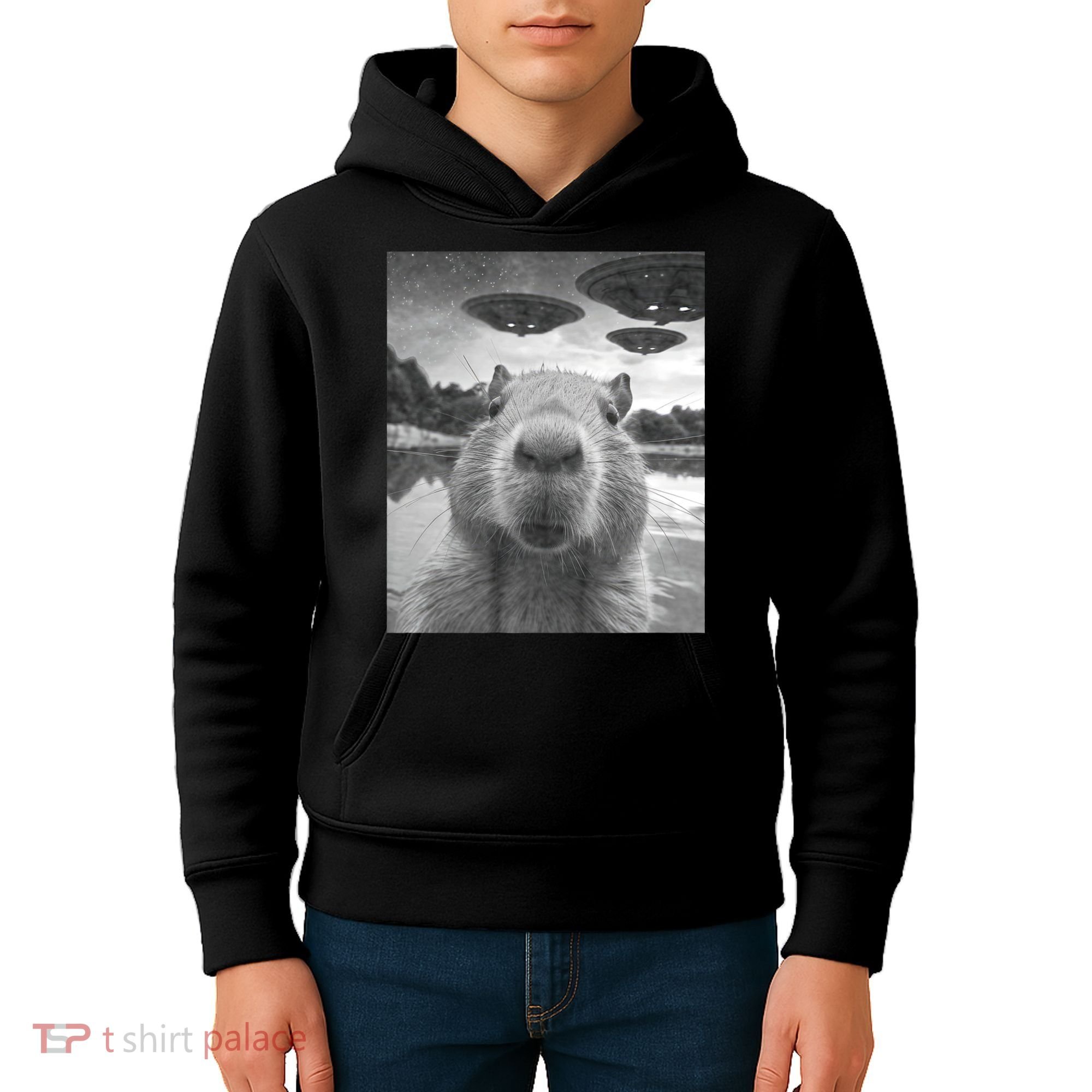Funny Graphic Capybara Selfie With Ufos Weird Kids Hoodie