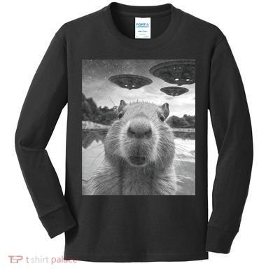 Funny Graphic Capybara Selfie With Ufos Weird Kids Long Sleeve Shirt