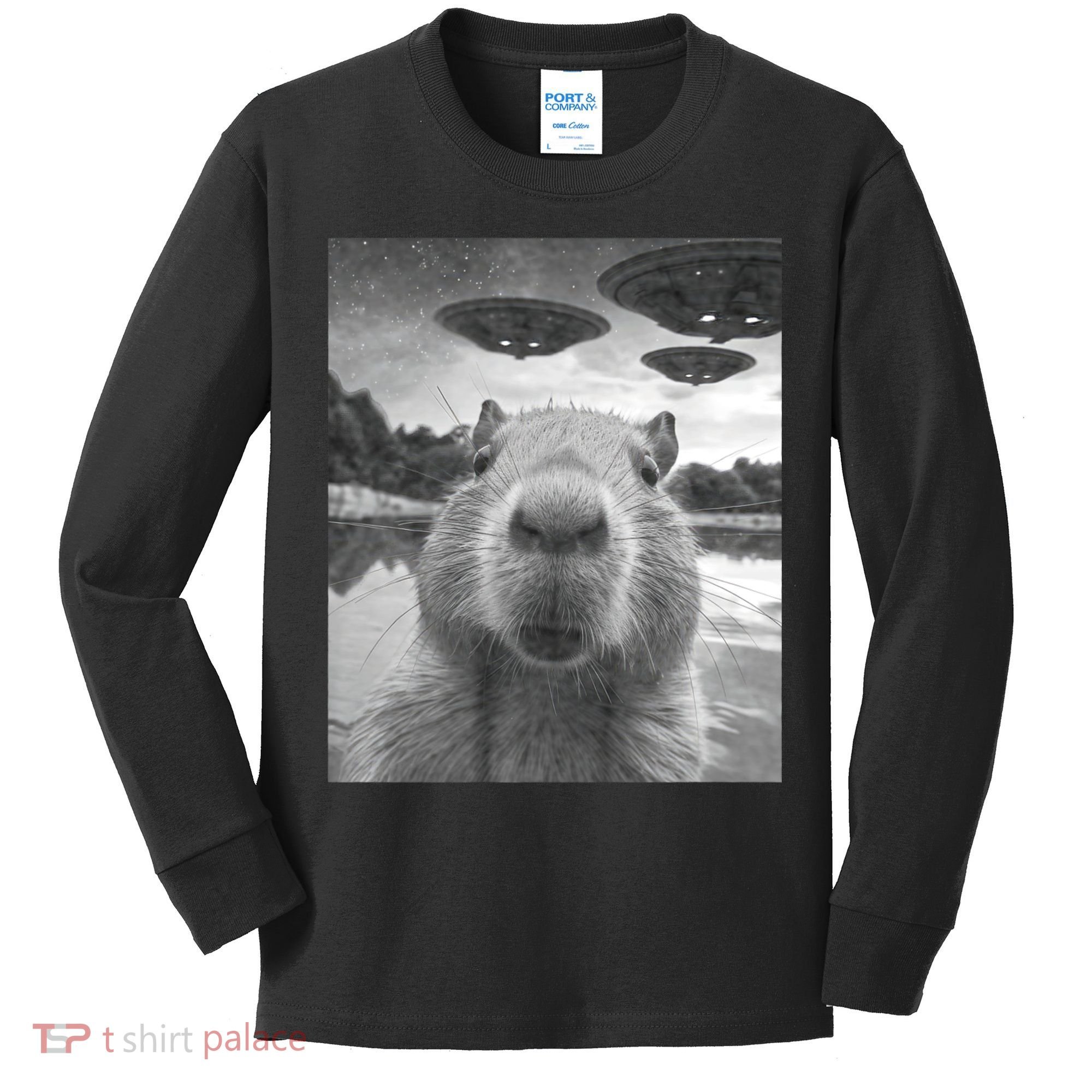 Funny Graphic Capybara Selfie With Ufos Weird Kids Long Sleeve Shirt