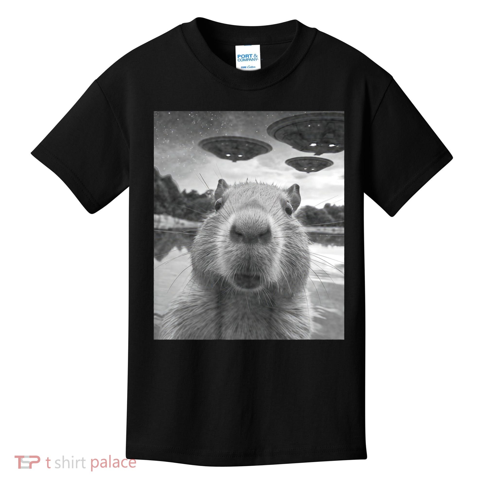 Funny Graphic Capybara Selfie With Ufos Weird Kids T-Shirt