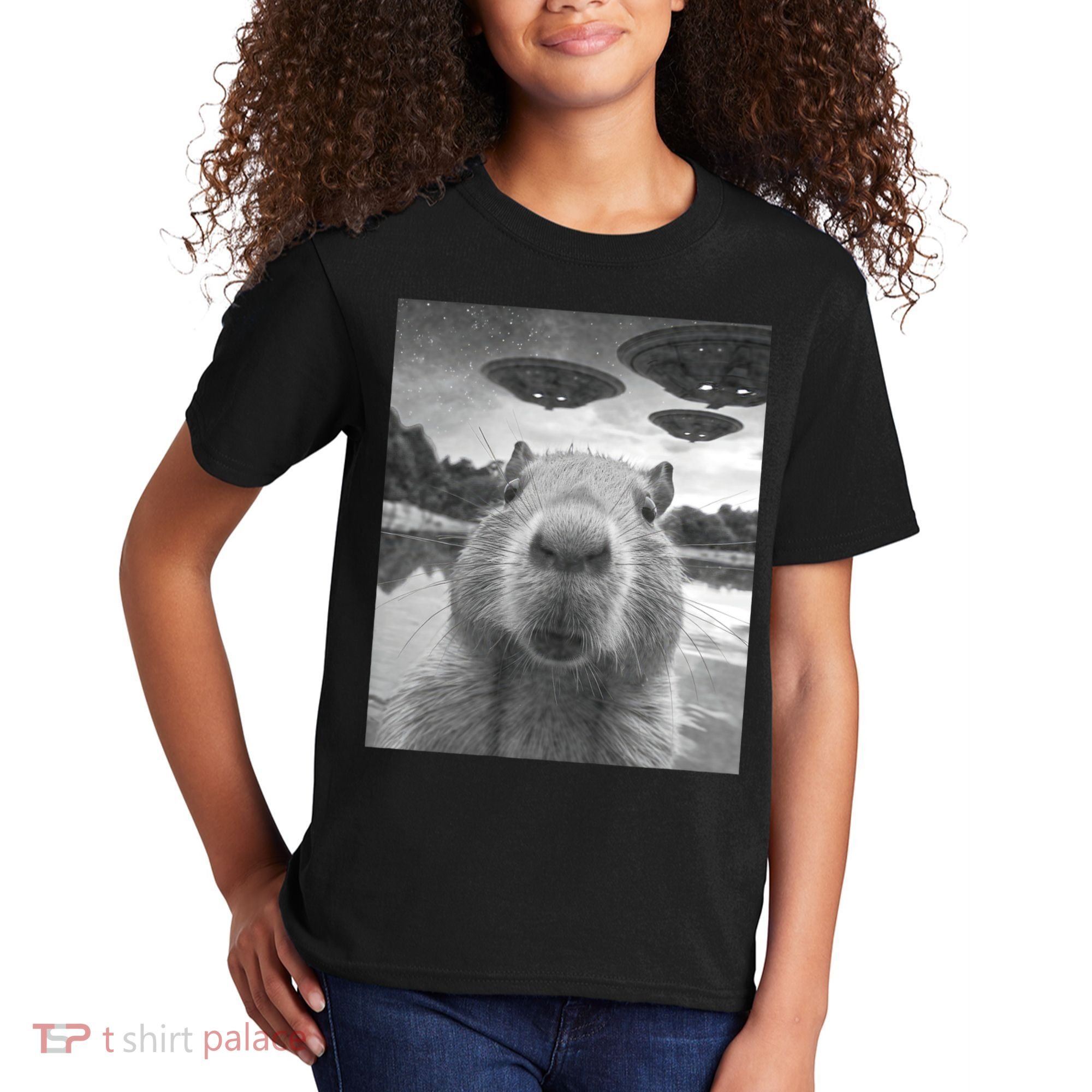 Funny Graphic Capybara Selfie With Ufos Weird Kids T-Shirt