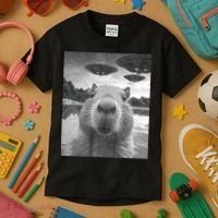 Funny Graphic Capybara Selfie With Ufos Weird Kids T-Shirt thumb 3