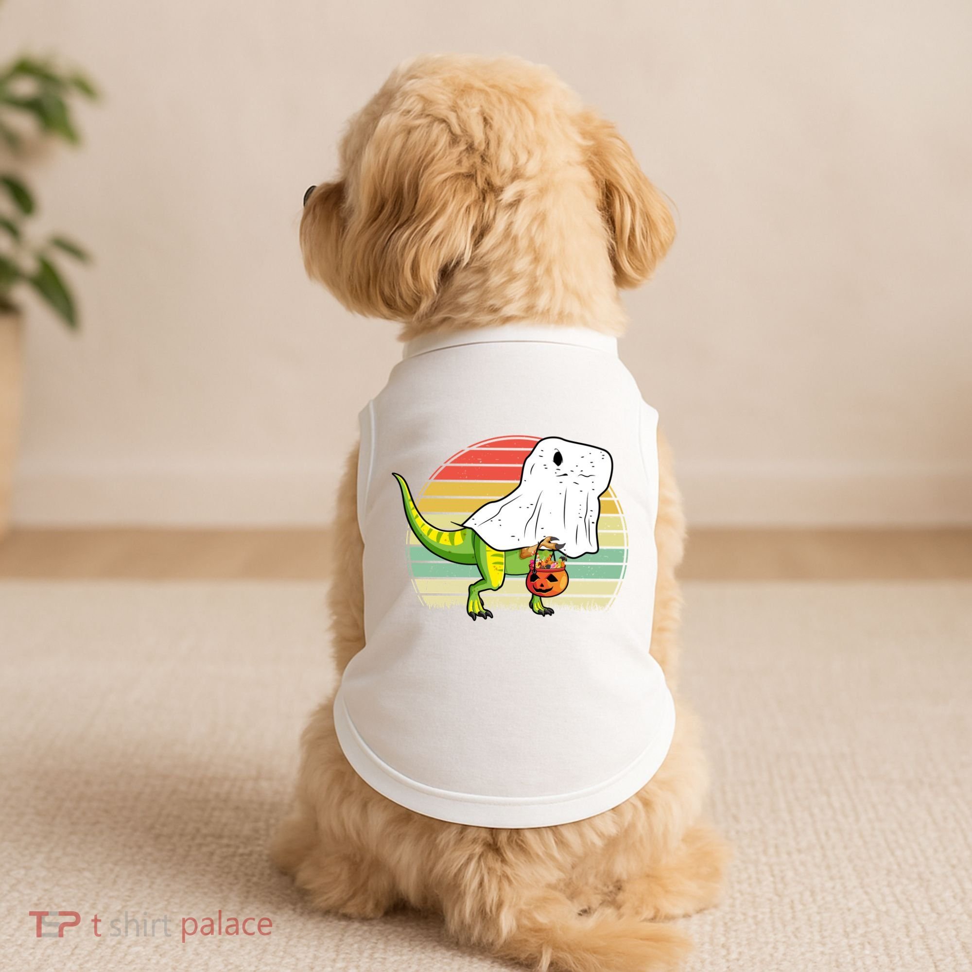 Funny Ghost Dinosaur Halloween Graphic Doggie Tank
