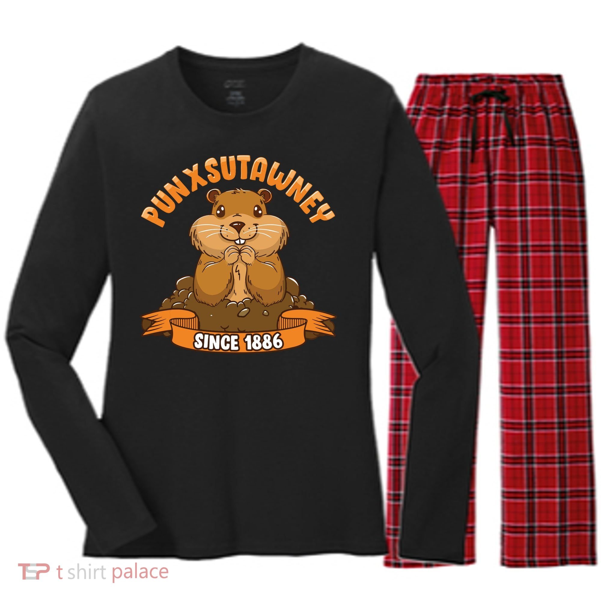 Funny Groundhog Day Phil Cute Ground Hog Punxsutawney Women's Long Sleeve Flannel Pajama Set 