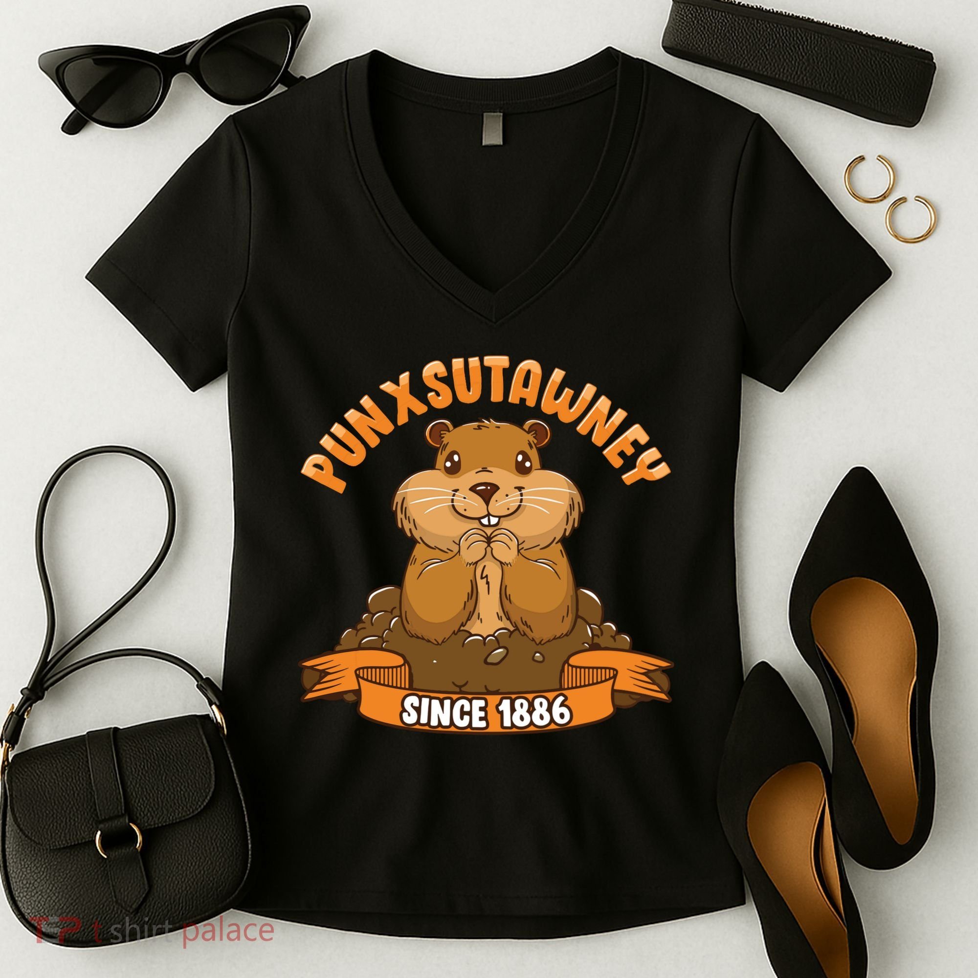 Funny Groundhog Day Phil Cute Ground Hog Punxsutawney Women's V-Neck T-Shirt
