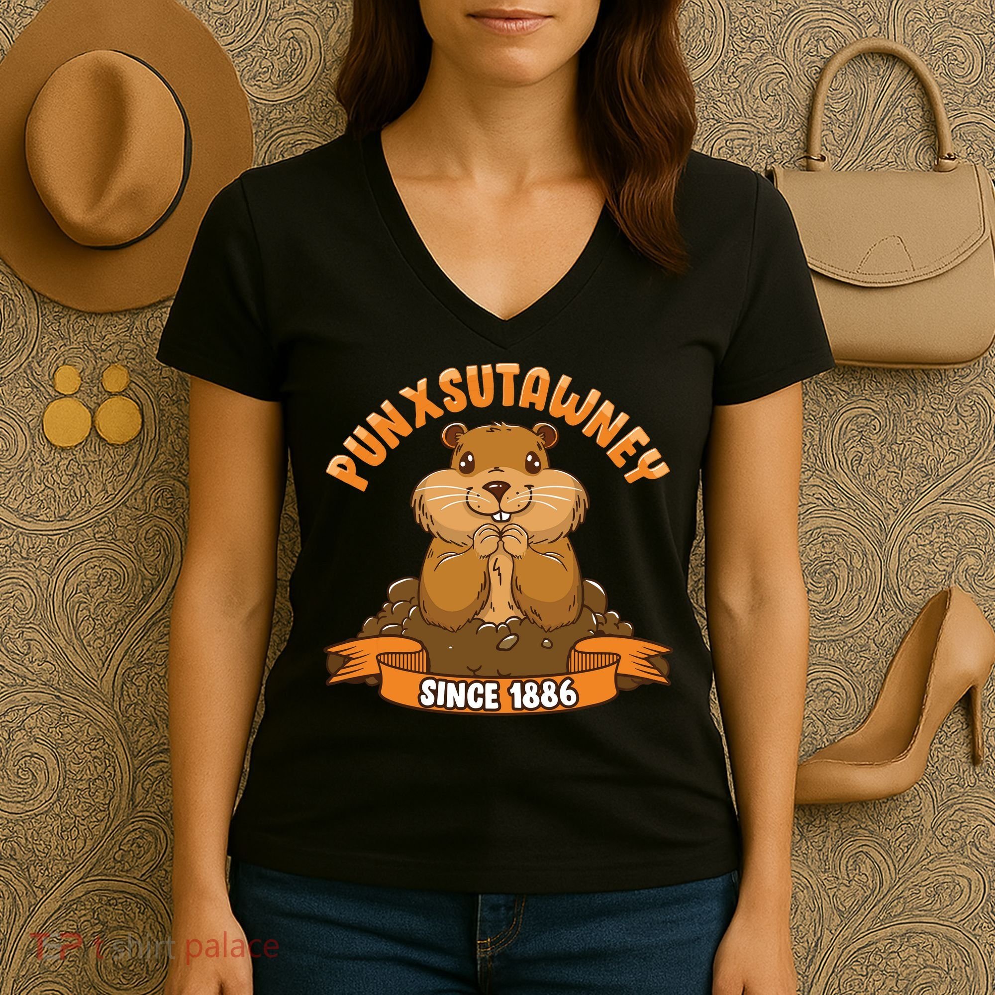 Funny Groundhog Day Phil Cute Ground Hog Punxsutawney Women's V-Neck T-Shirt