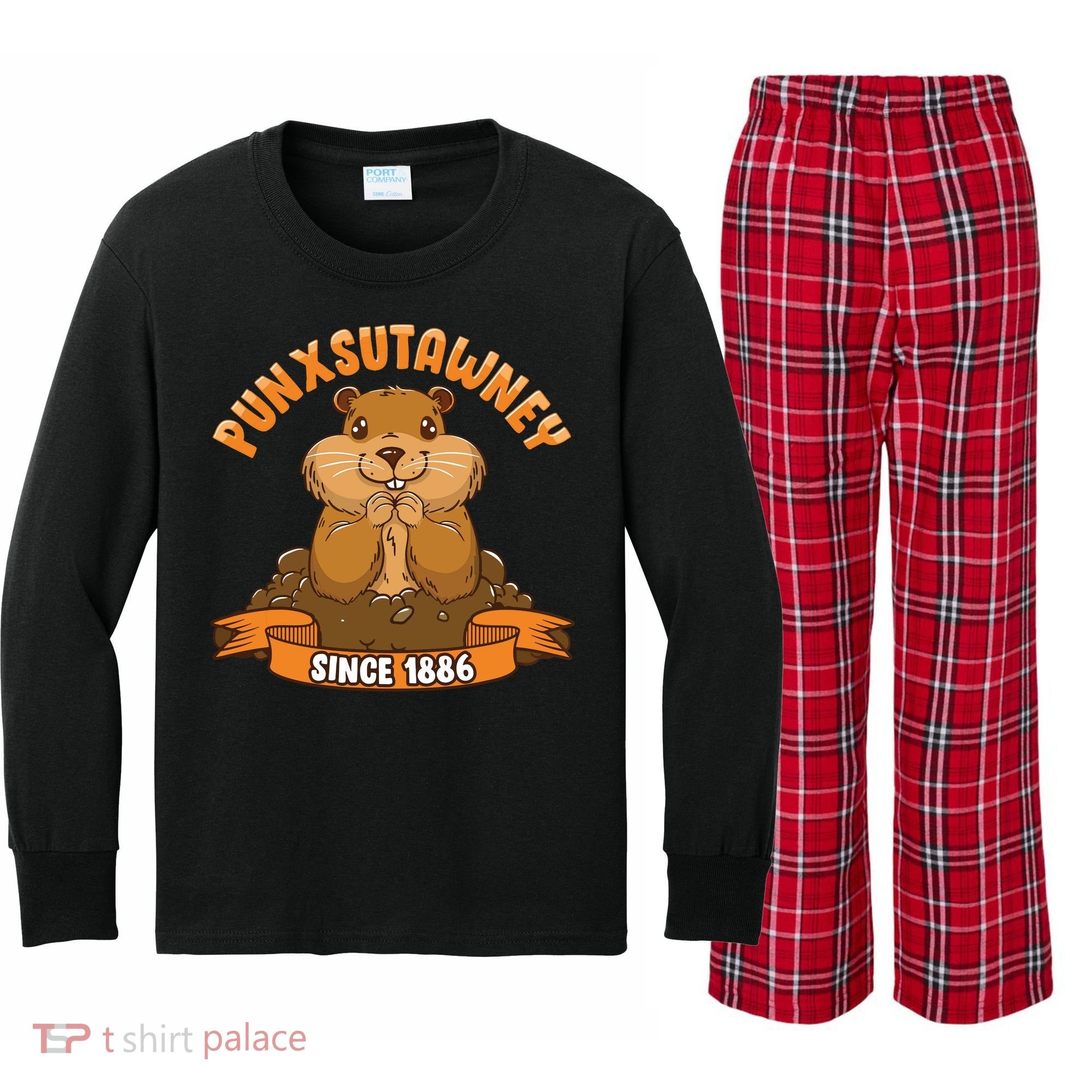 Funny Groundhog Day Phil Cute Ground Hog Punxsutawney Kids Long Sleeve Plaid Pajama Set