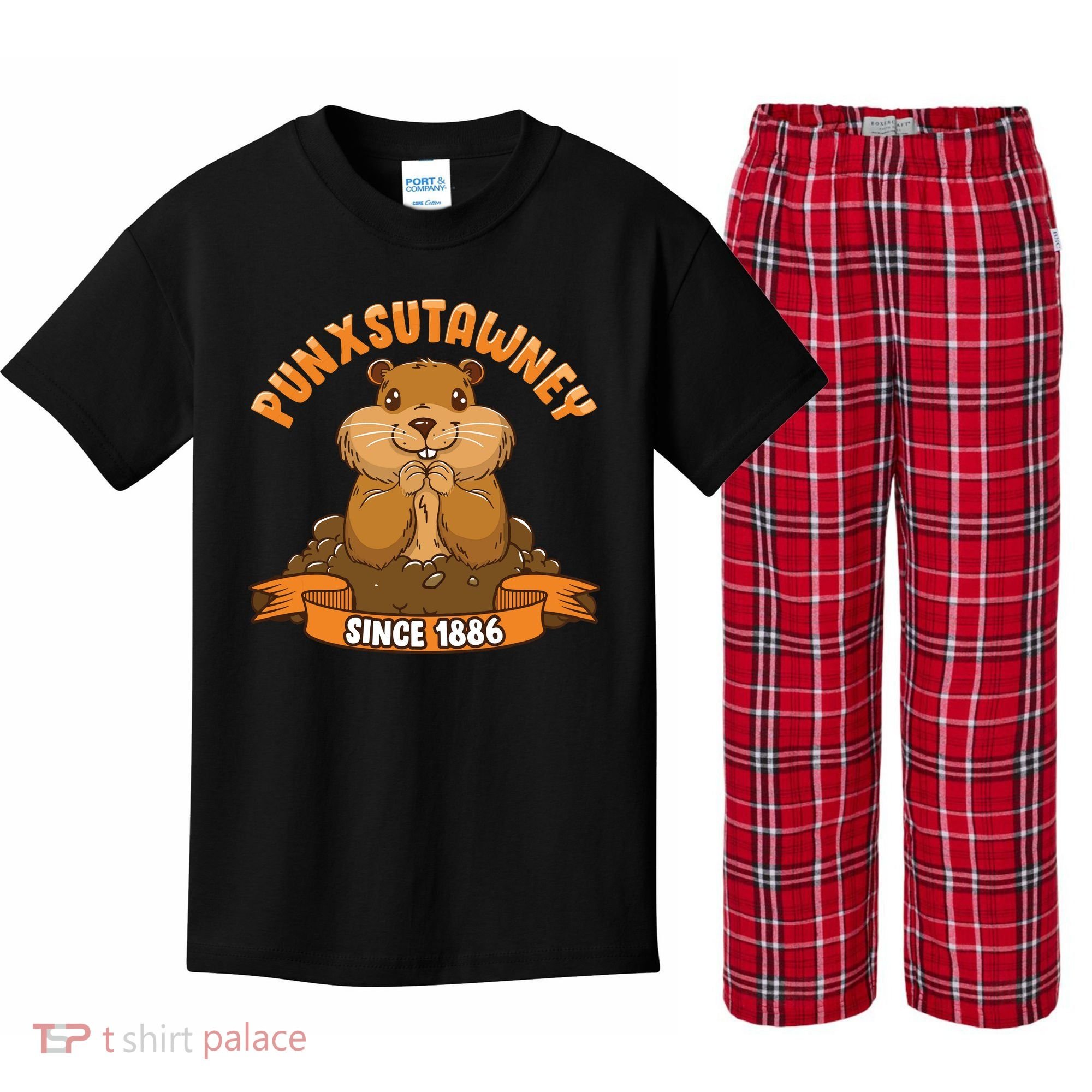 Funny Groundhog Day Phil Cute Ground Hog Punxsutawney Kids Plaid Pajama Set