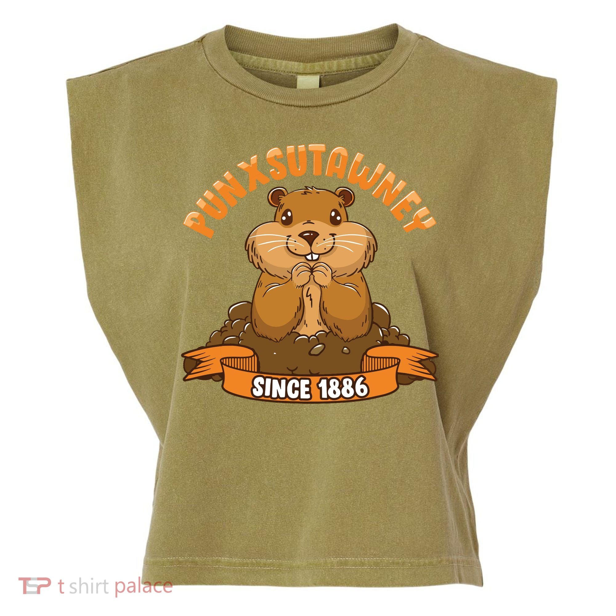 Funny Groundhog Day Phil Cute Ground Hog Punxsutawney Garment-Dyed Women's Muscle Tee