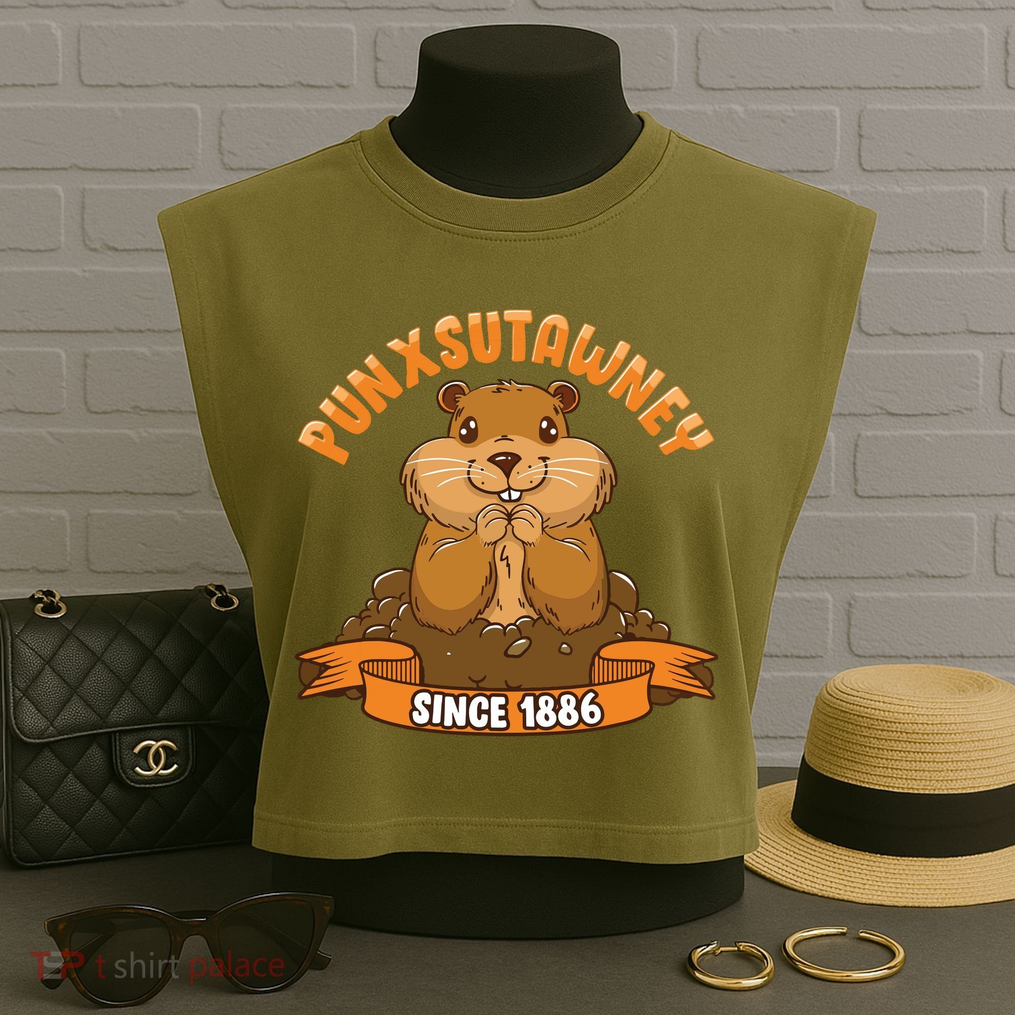 Funny Groundhog Day Phil Cute Ground Hog Punxsutawney Garment-Dyed Women's Muscle Tee