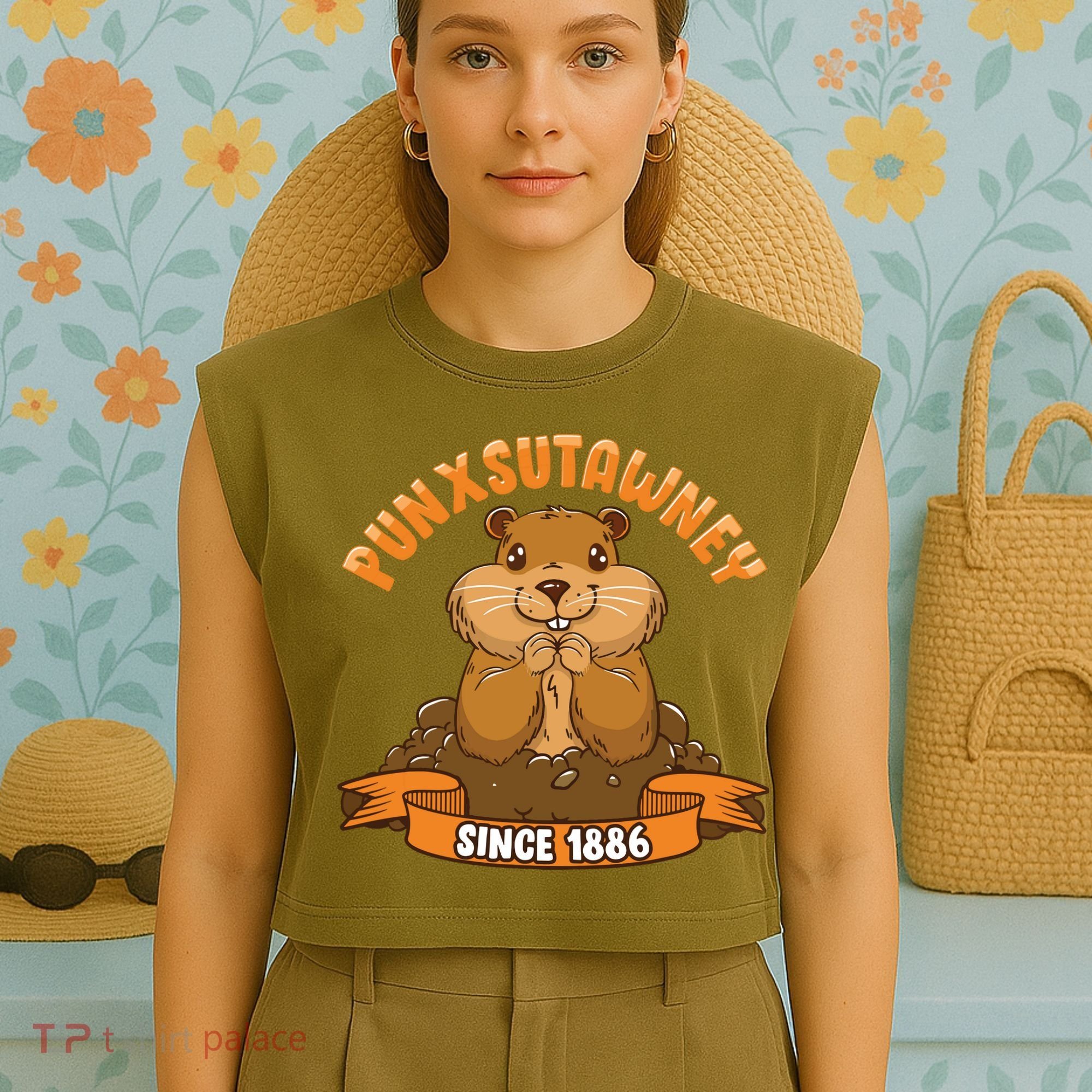 Funny Groundhog Day Phil Cute Ground Hog Punxsutawney Garment-Dyed Women's Muscle Tee