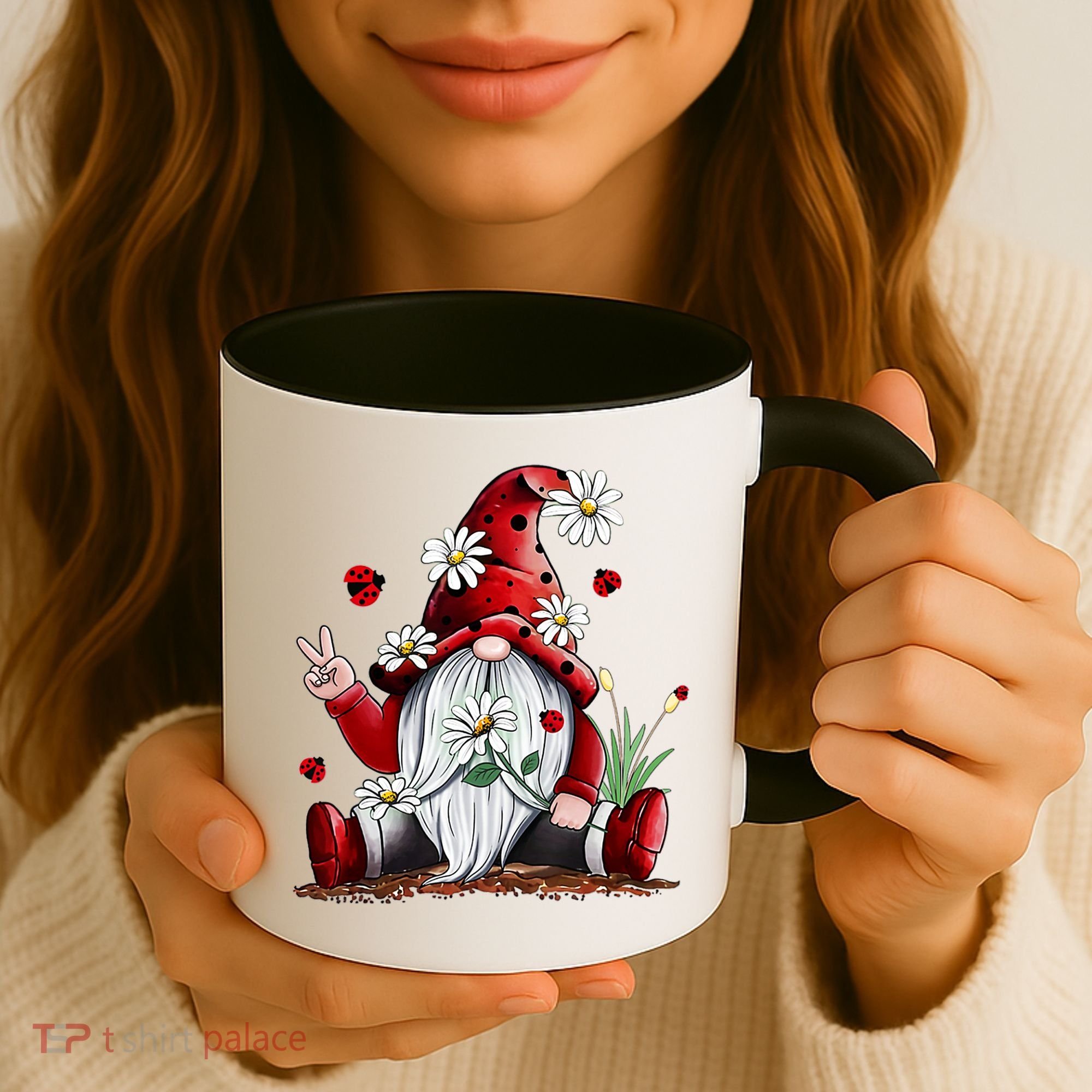 Floral Gnome Daisy Ladybugs Hippie Gnome Love Gift Coffee Mug