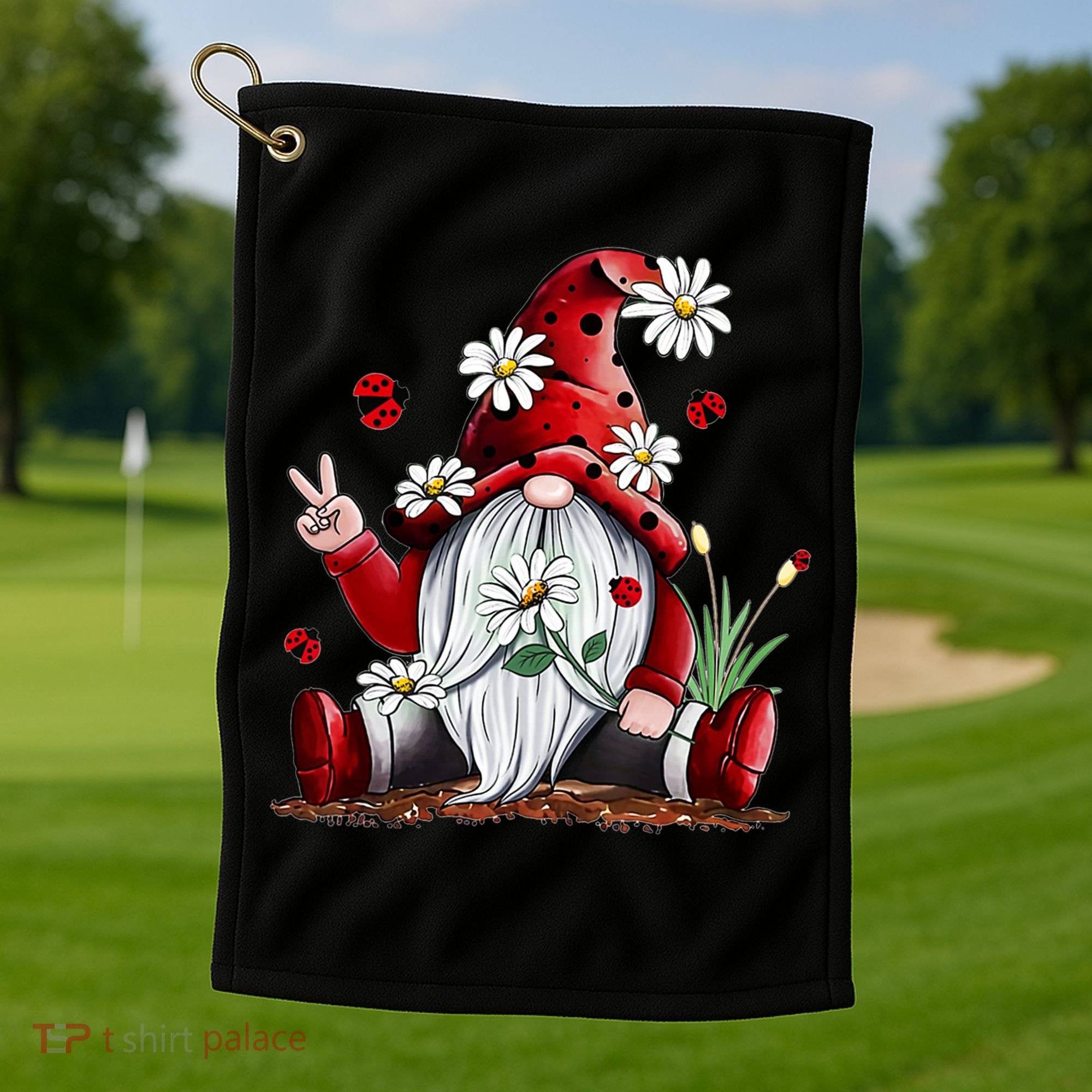 Floral Gnome Daisy Ladybugs Hippie Gnome Love Gift Golf Towel