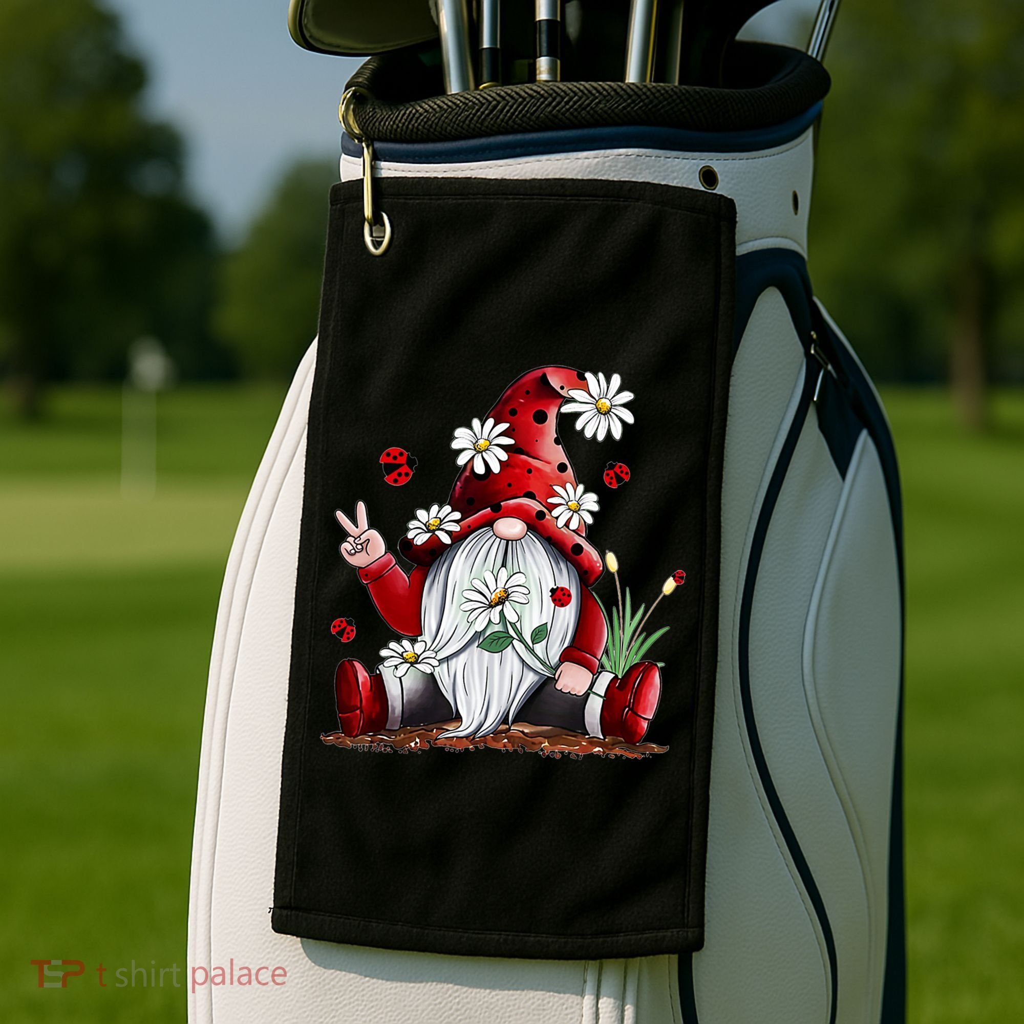 Floral Gnome Daisy Ladybugs Hippie Gnome Love Gift Golf Towel