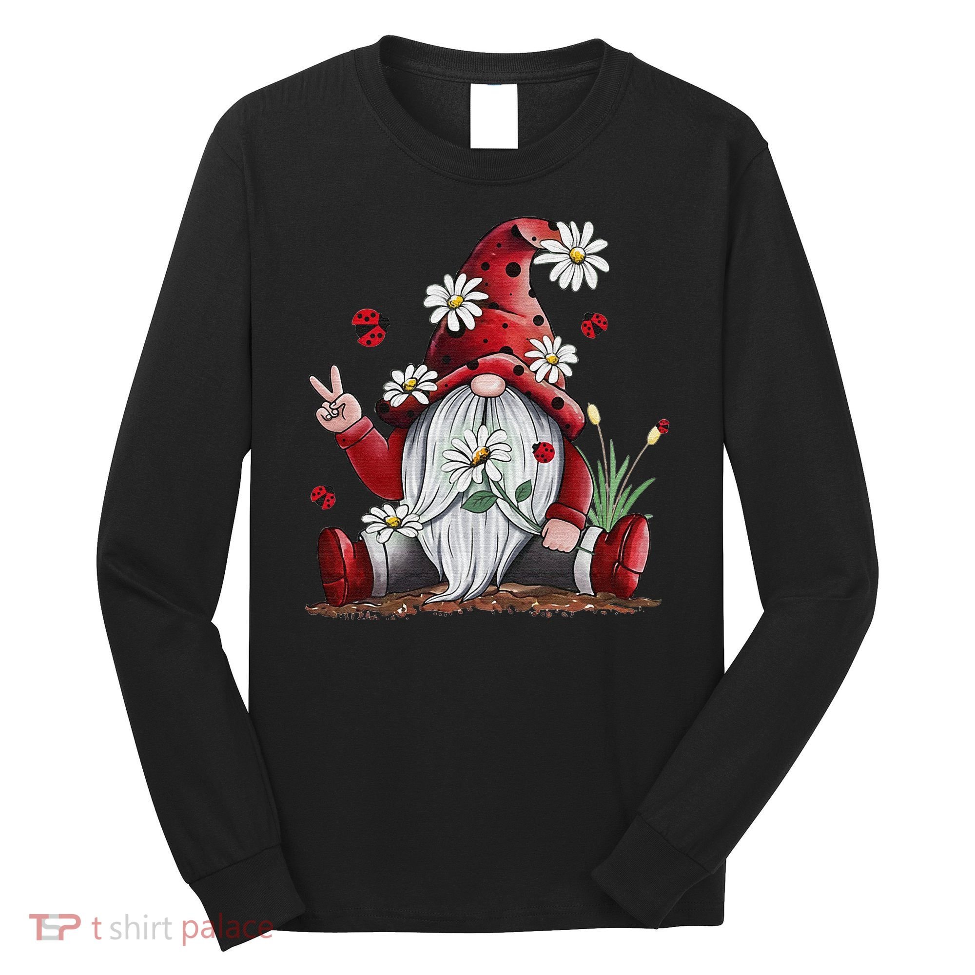 Floral Gnome Daisy Ladybugs Hippie Gnome Love Long Sleeve Shirt