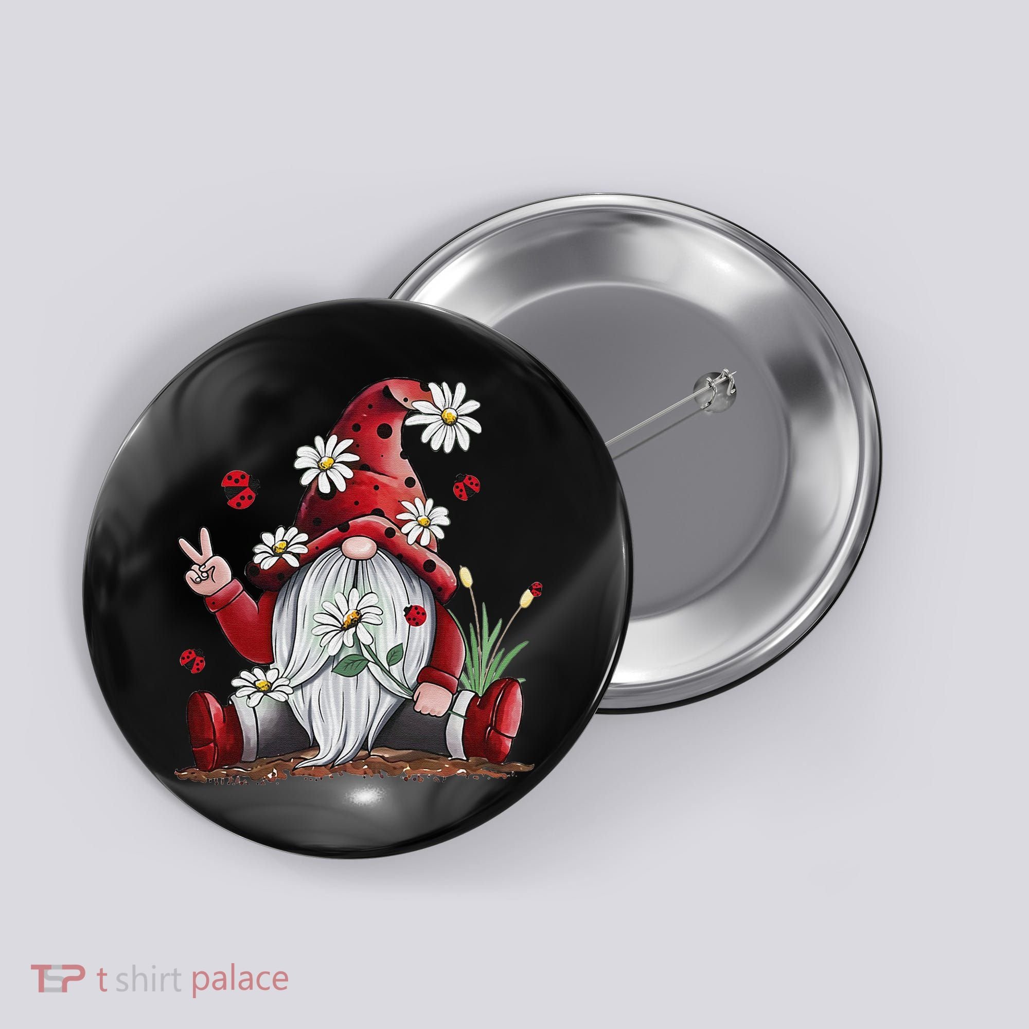 Floral Gnome Daisy Ladybugs Hippie Gnome Love Button