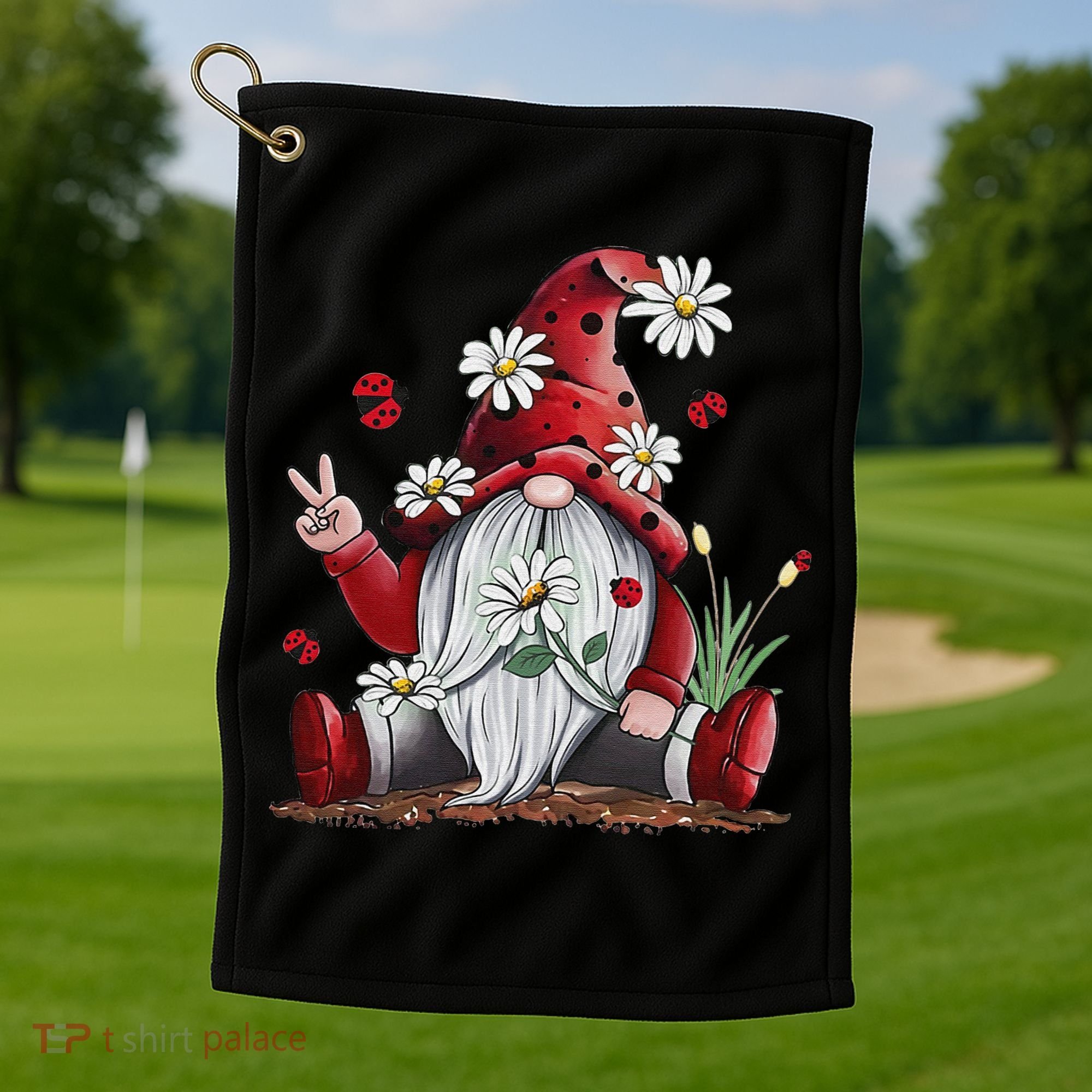 Floral Gnome Daisy Ladybugs Hippie Gnome Love Golf Towel