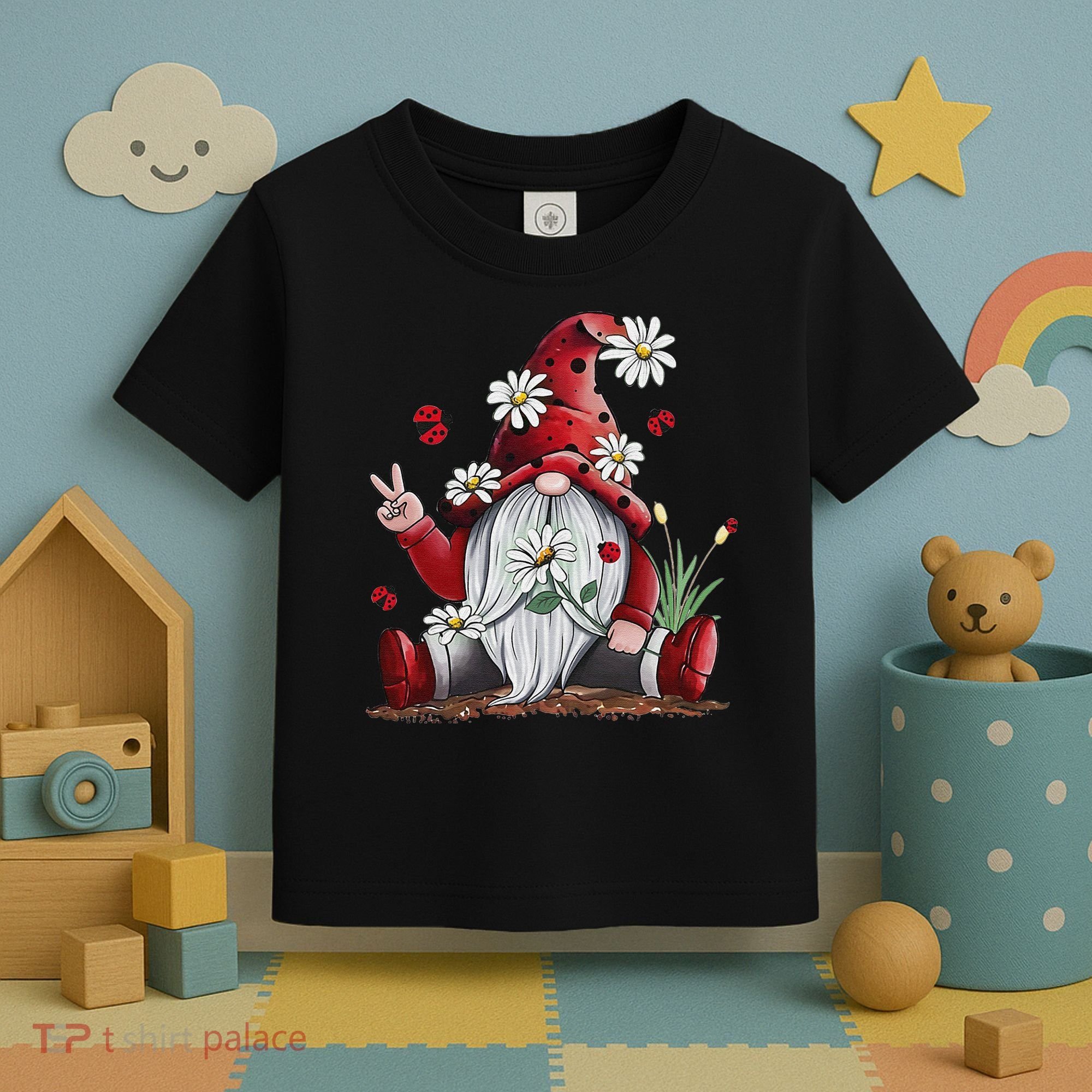 Floral Gnome Daisy Ladybugs Hippie Gnome Love Toddler T-Shirt