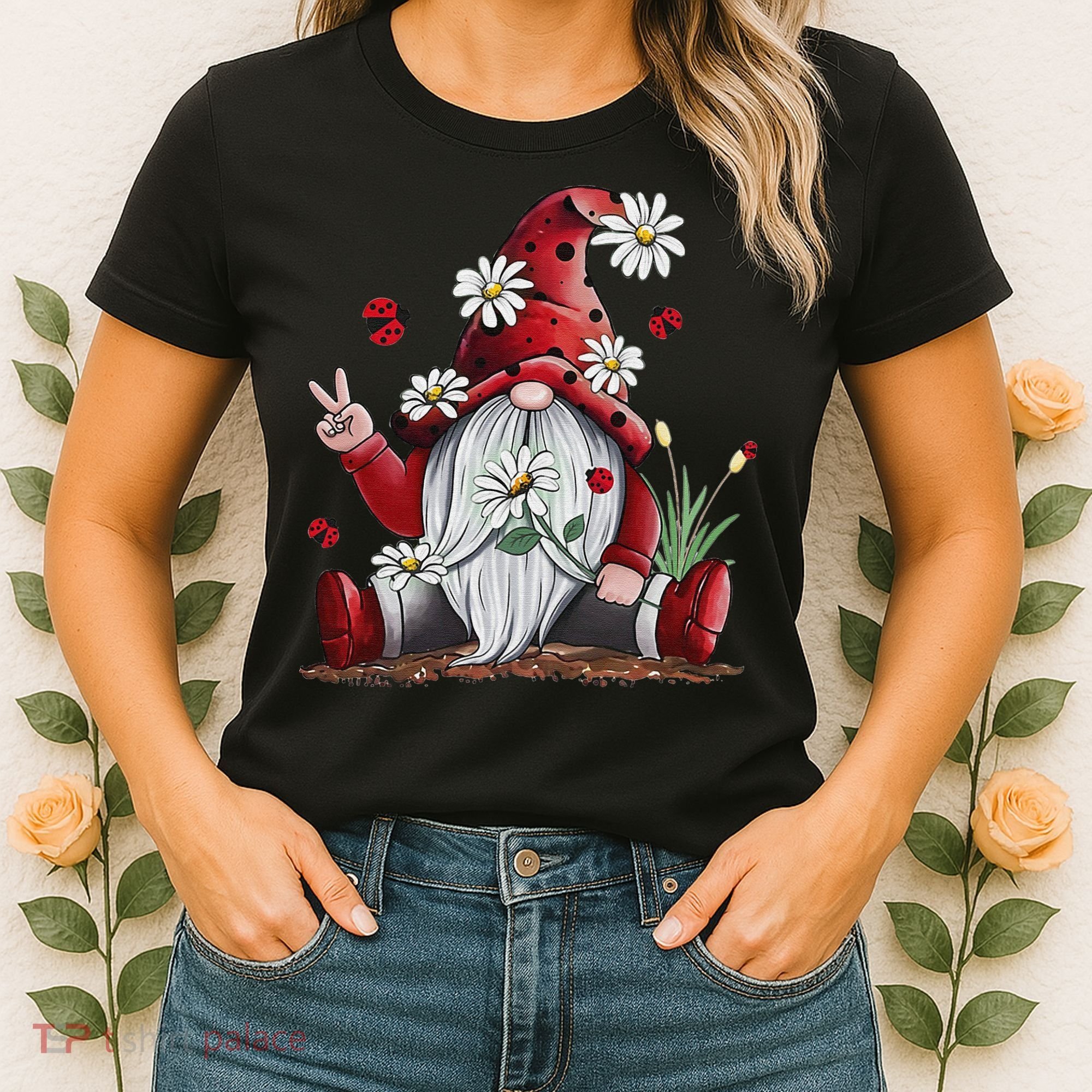 Floral Gnome Daisy Ladybugs Hippie Gnome Love Women's T-Shirt