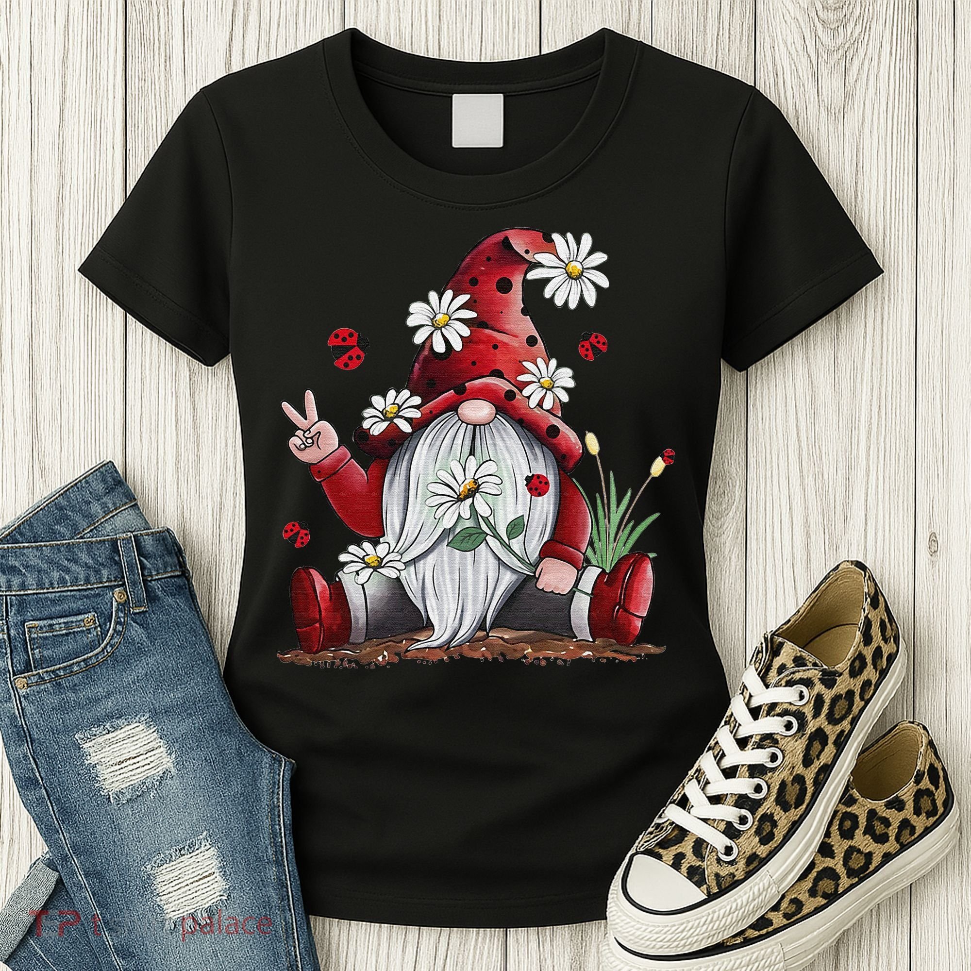 Floral Gnome Daisy Ladybugs Hippie Gnome Love Women's T-Shirt