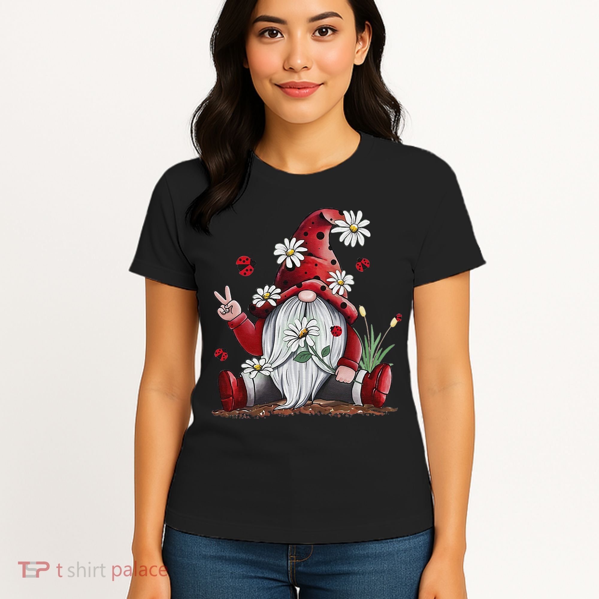 Floral Gnome Daisy Ladybugs Hippie Gnome Love Women's T-Shirt
