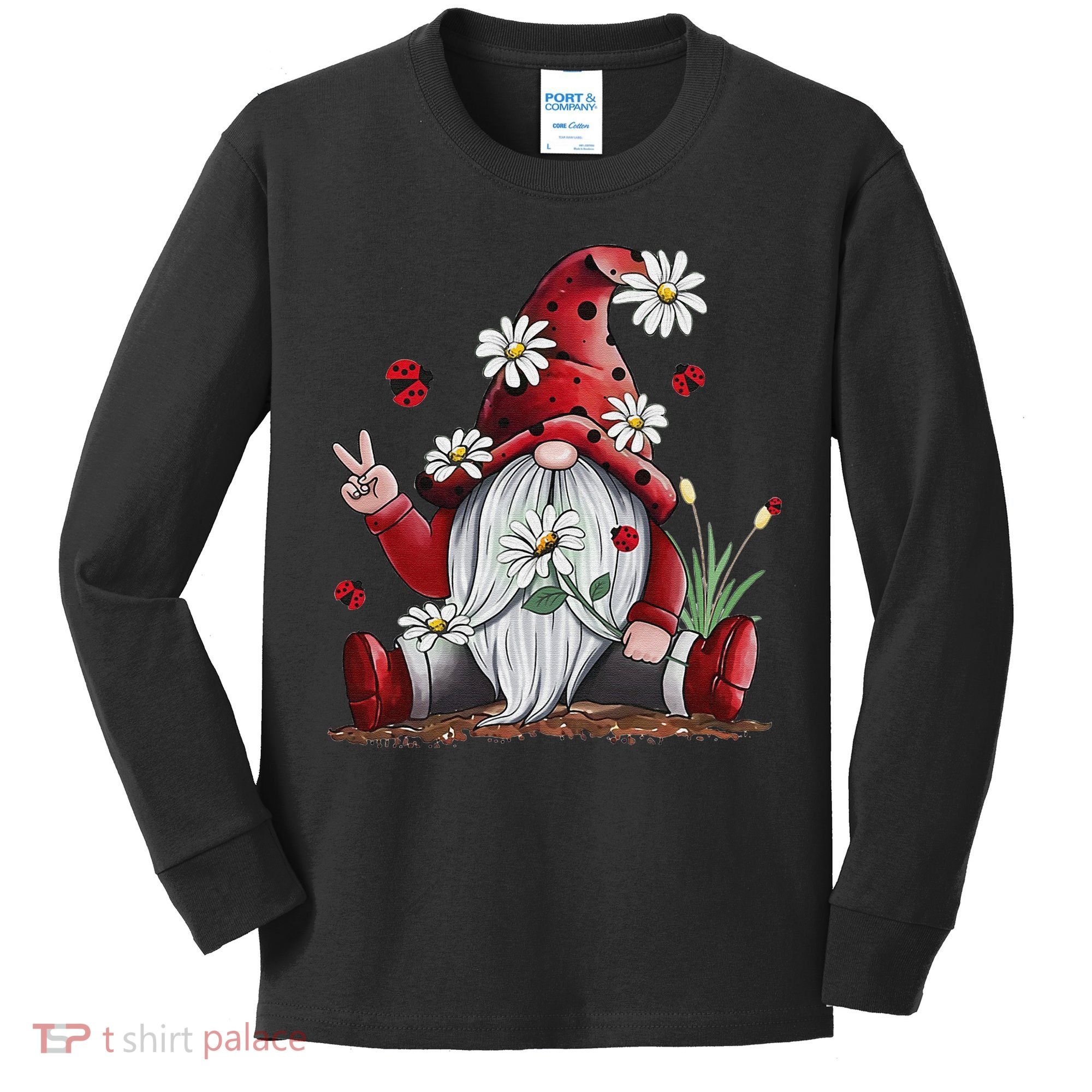Floral Gnome Daisy Ladybugs Hippie Gnome Love Kids Long Sleeve Shirt