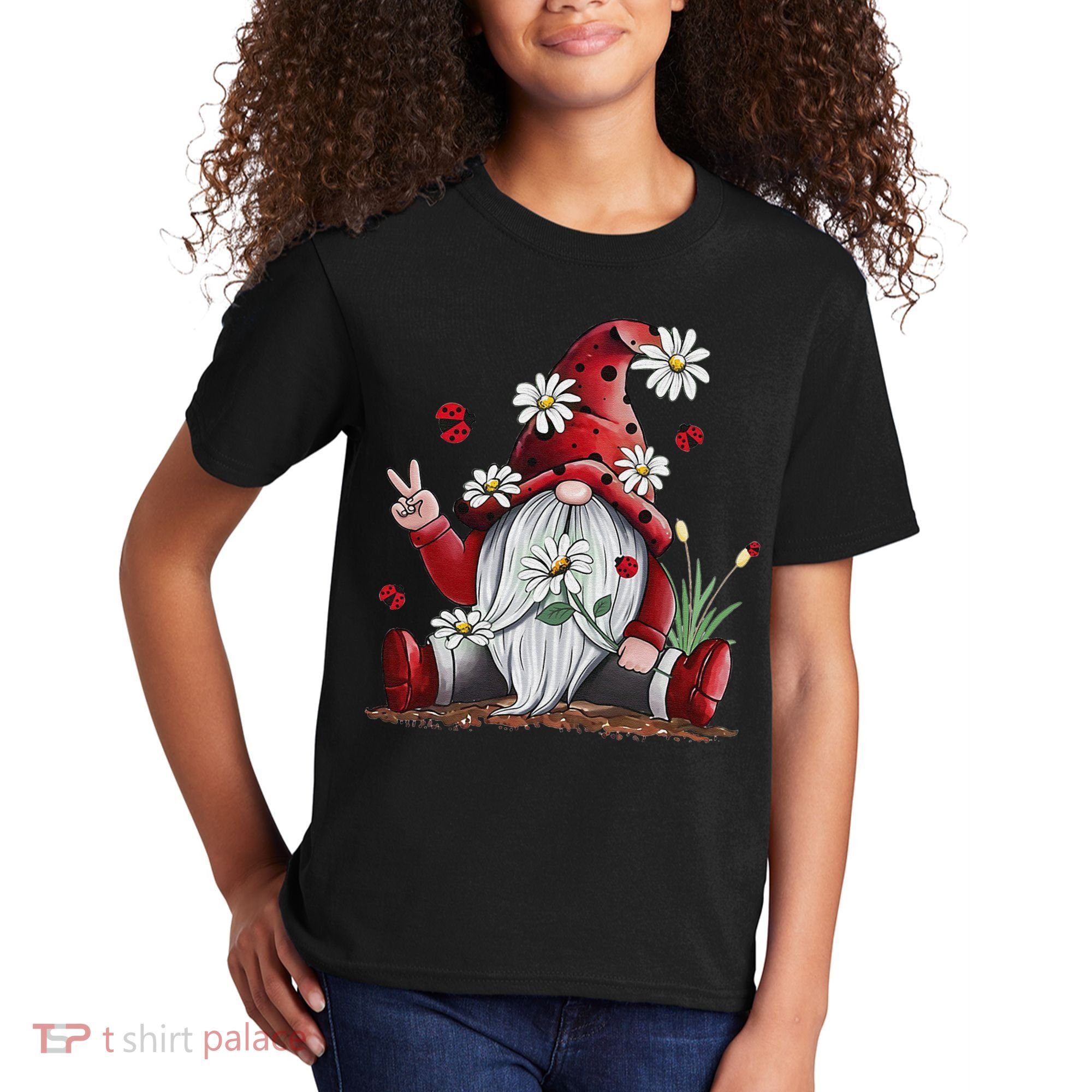 Floral Gnome Daisy Ladybugs Hippie Gnome Love Kids T-Shirt