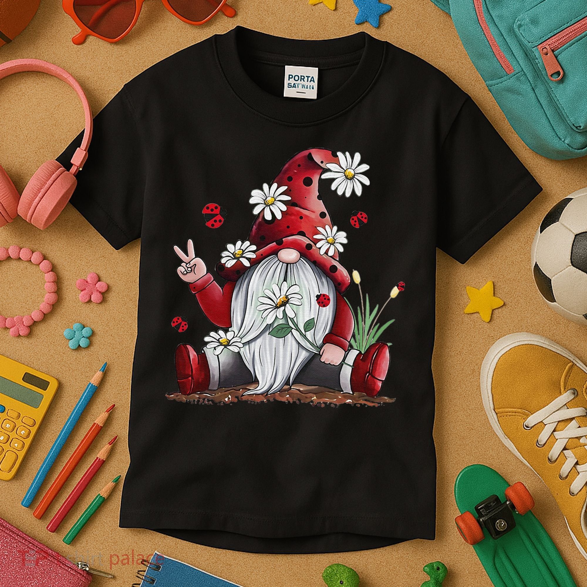 Floral Gnome Daisy Ladybugs Hippie Gnome Love Kids T-Shirt