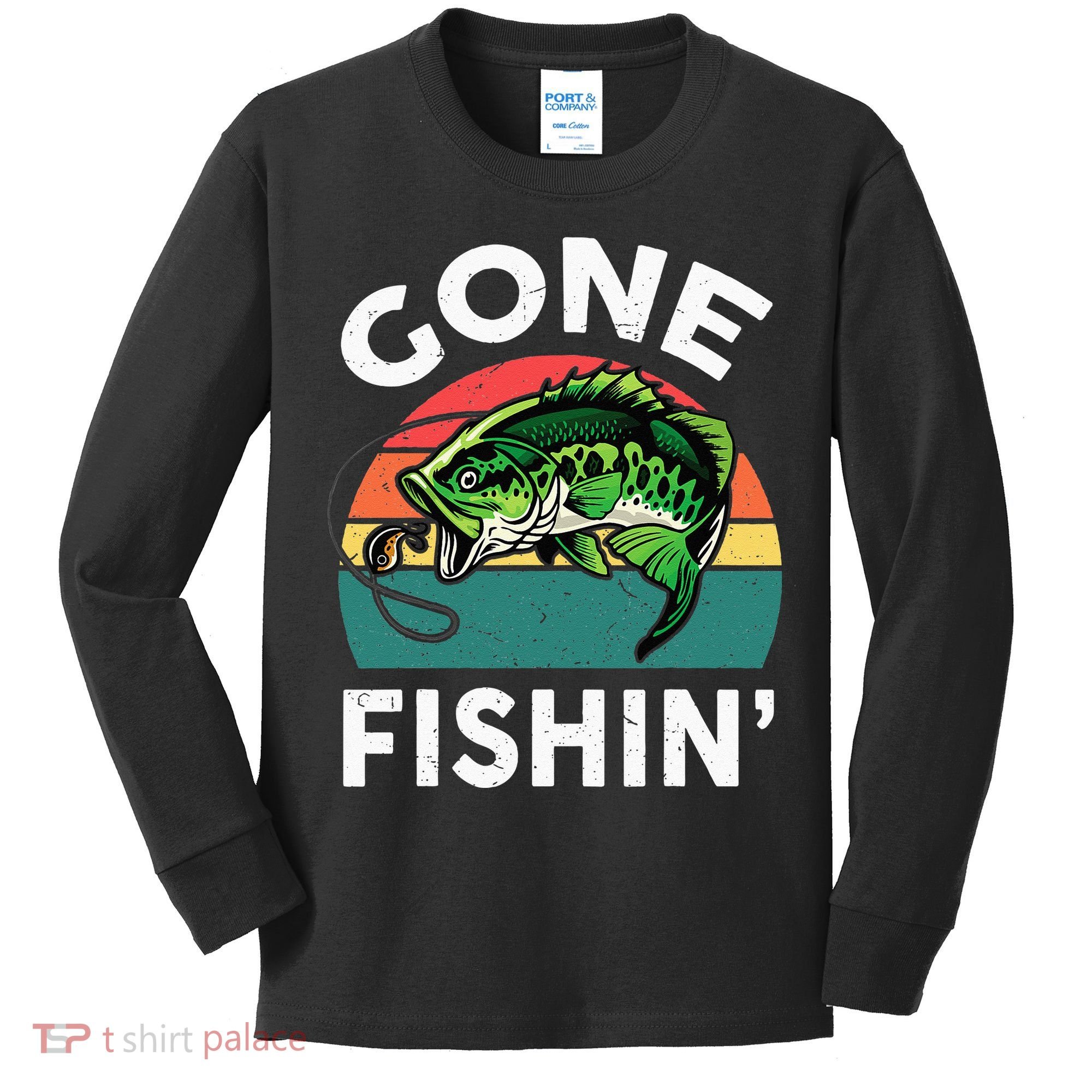 Funny Gone Fishing Bass Fish Kids Long Sleeve Shirt