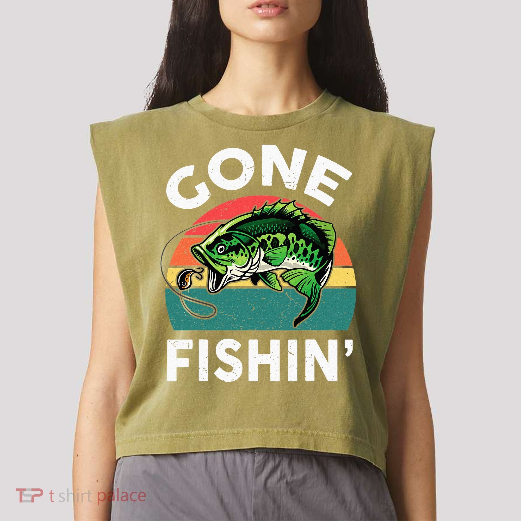 Funny Gone Fishing Bass Fish Garment-Dyed Women's Muscle Tee