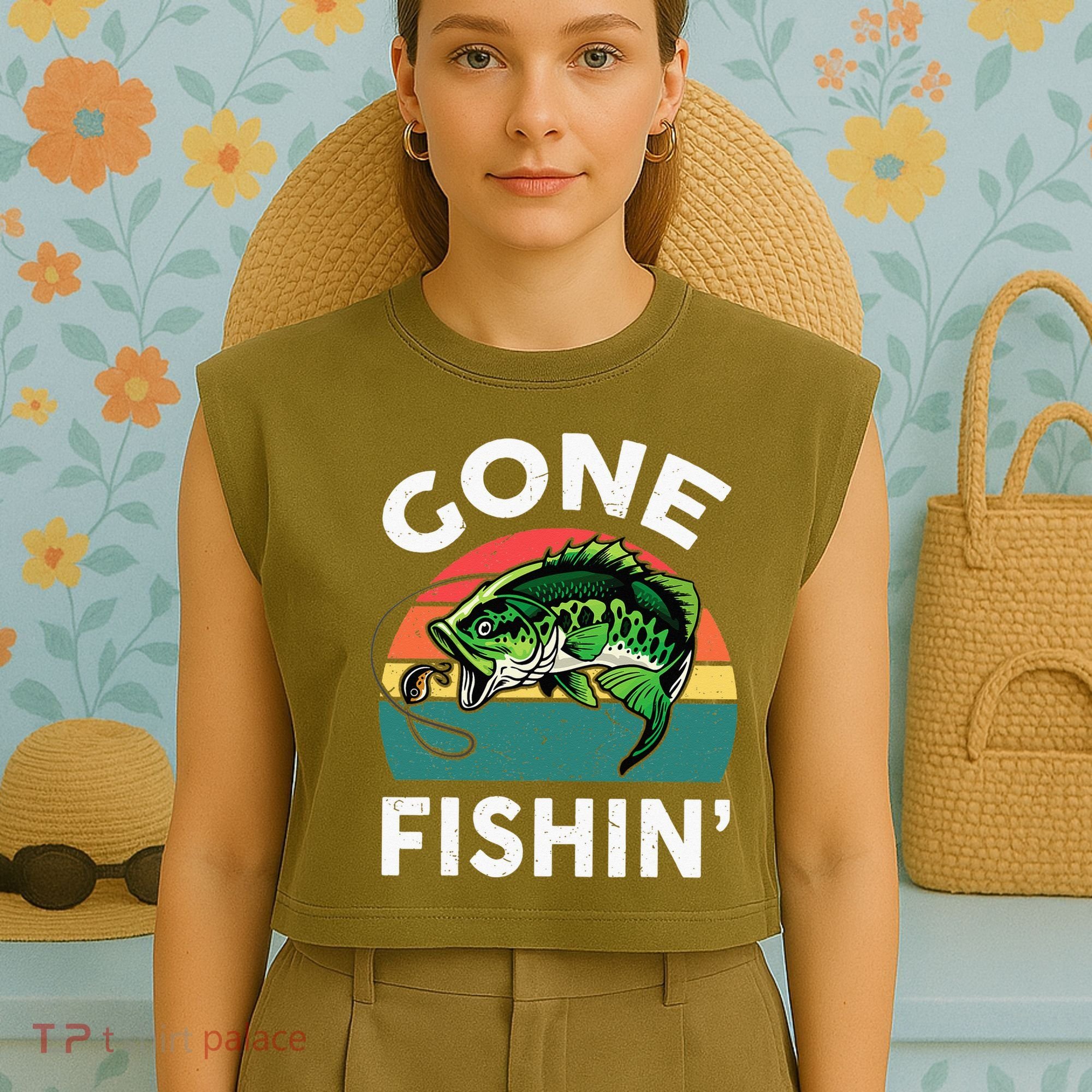 Funny Gone Fishing Bass Fish Garment-Dyed Women's Muscle Tee