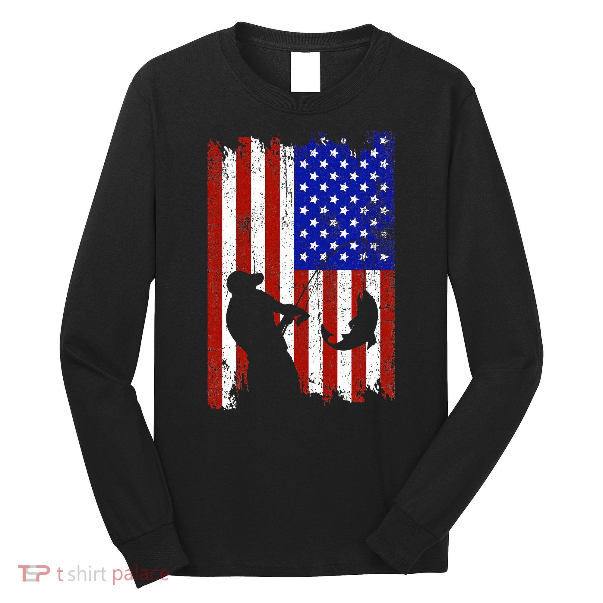 Fishing Gifts For Fisherman American Flag Long Sleeve Shirt