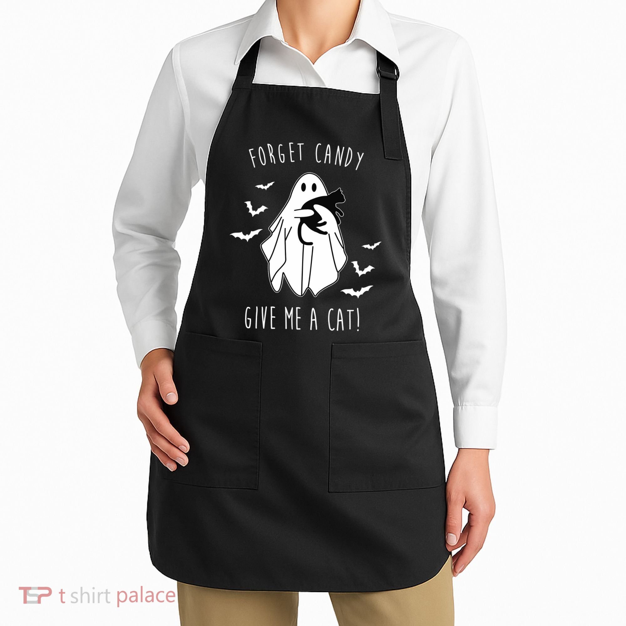 Funny Ghost Forget Candy Give Me A Cat Halloween Apron