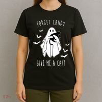 Funny Ghost Forget Candy Give Me A Cat Halloween T-Shirt thumb 4