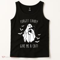Funny Ghost Forget Candy Give Me A Cat Halloween Tank Top thumb 2