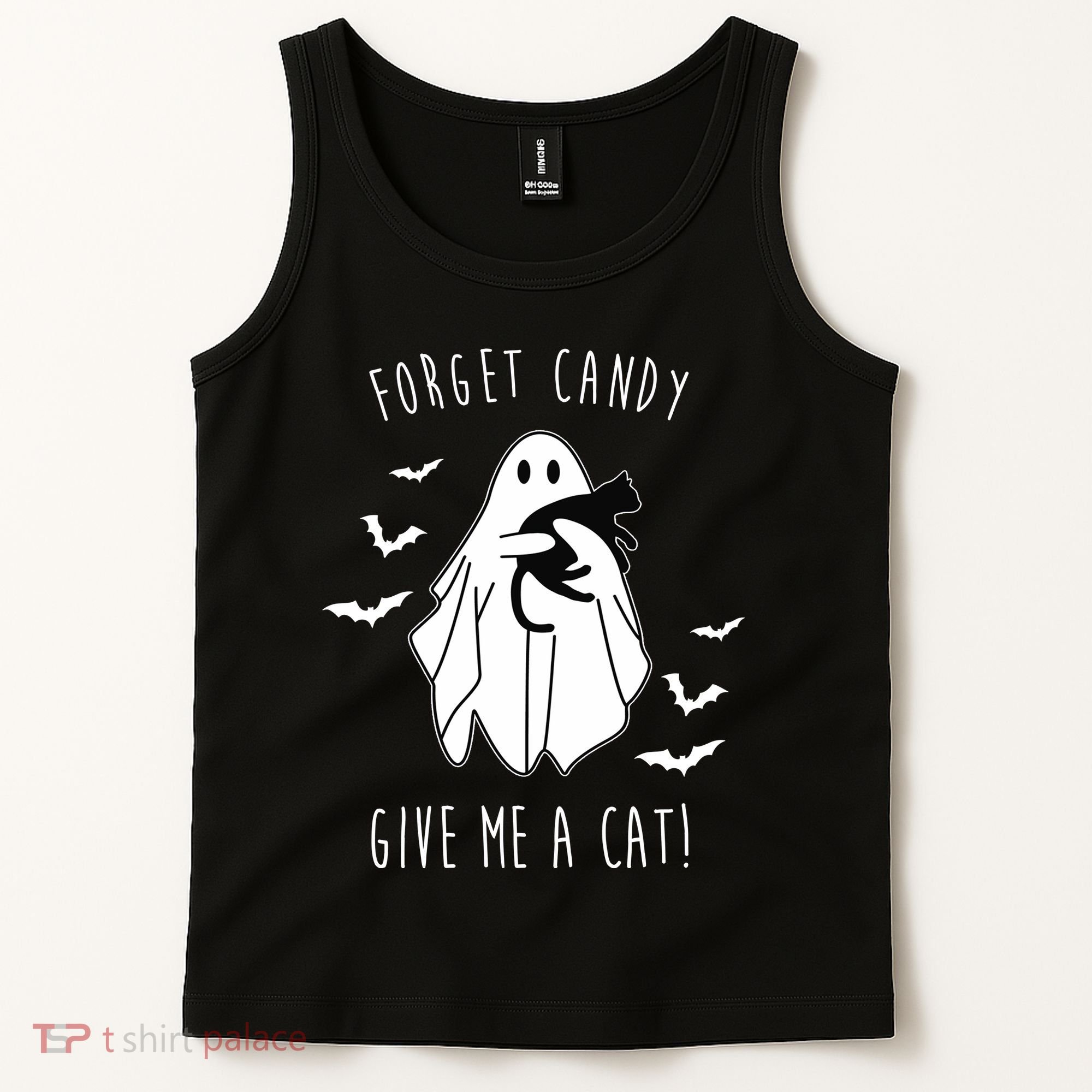 Funny Ghost Forget Candy Give Me A Cat Halloween Tank Top