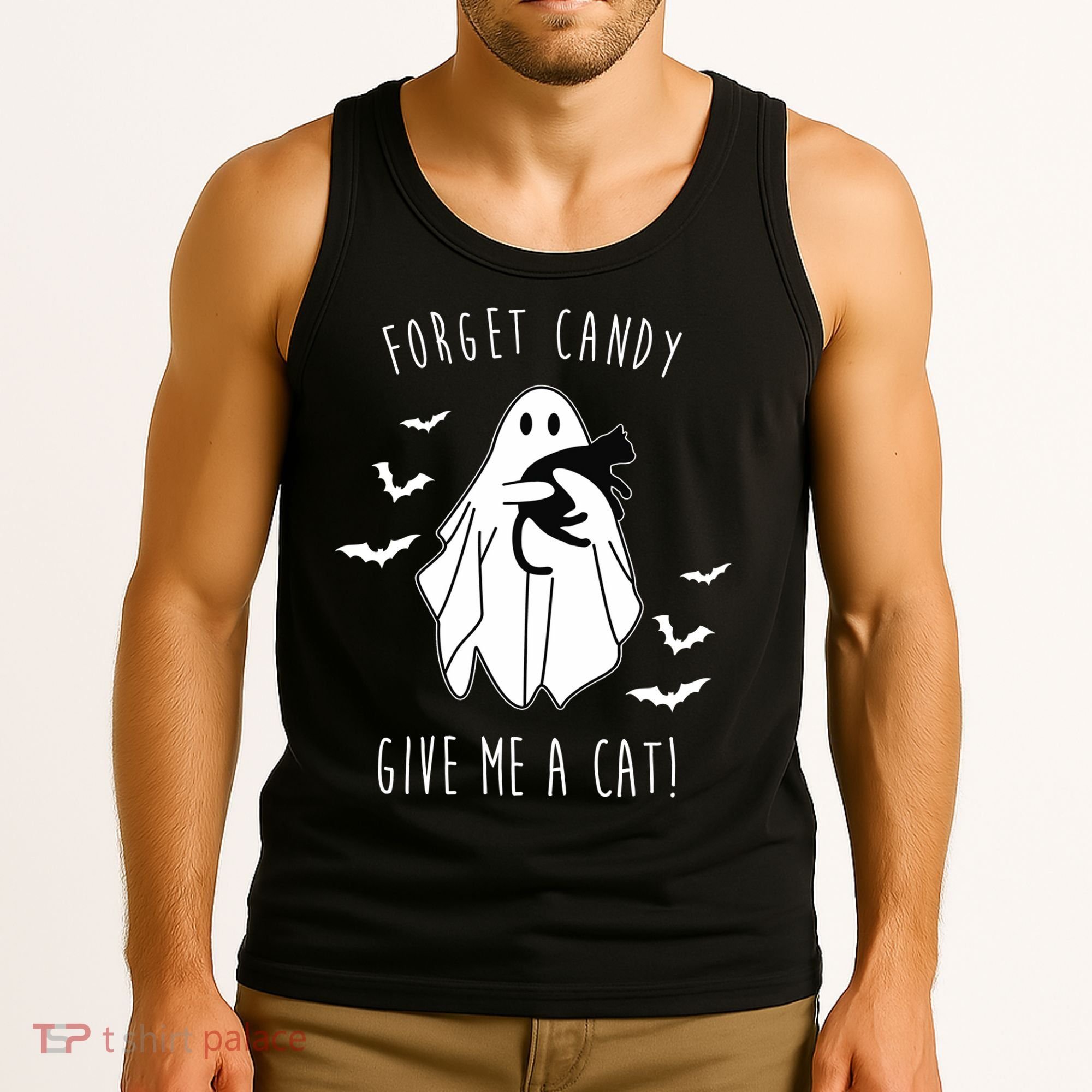 Funny Ghost Forget Candy Give Me A Cat Halloween Tank Top