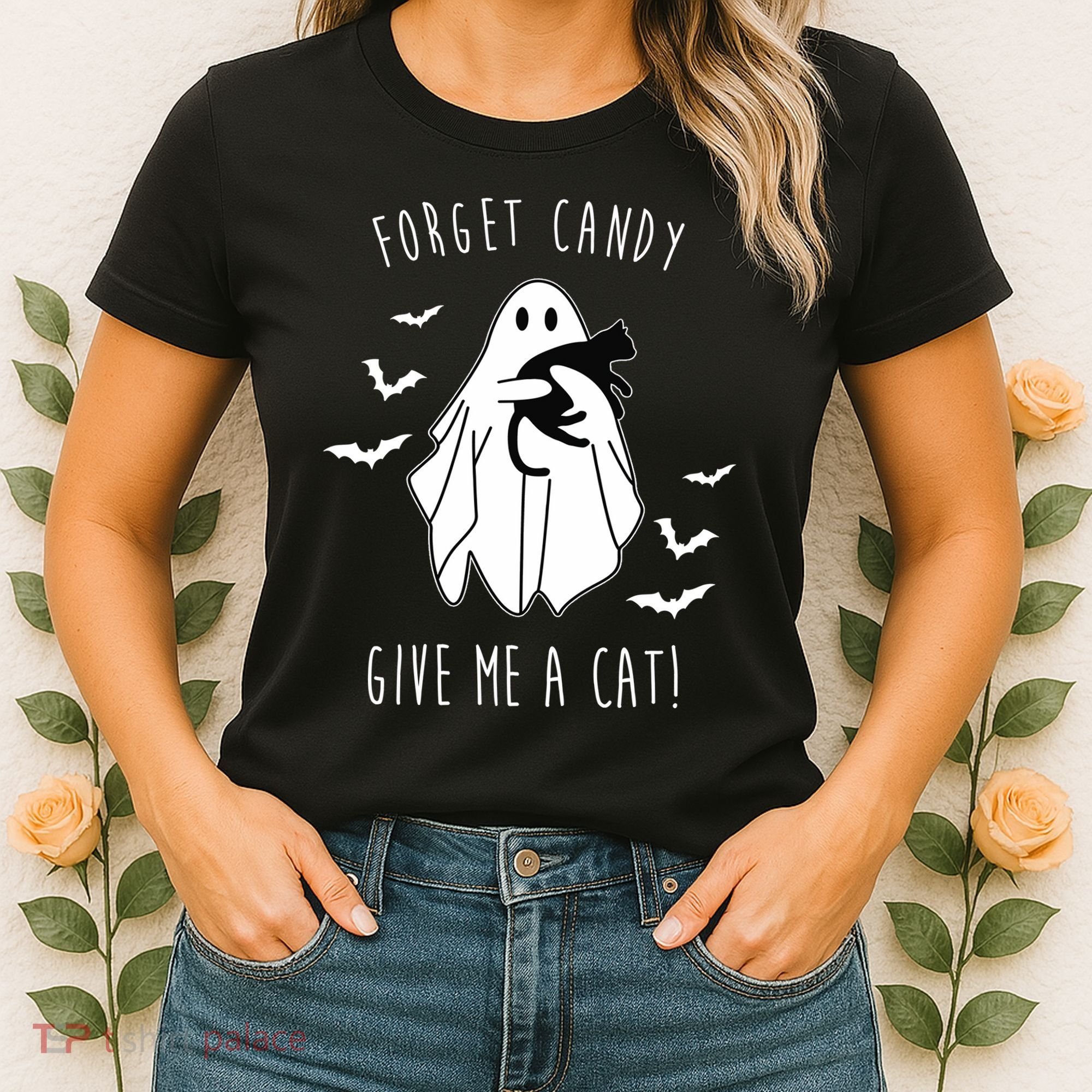 Funny Ghost Forget Candy Give Me A Cat Halloween Women's T-Shirt