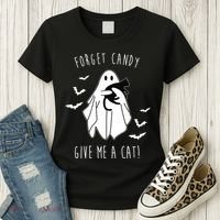 Funny Ghost Forget Candy Give Me A Cat Halloween Women's T-Shirt thumb 3