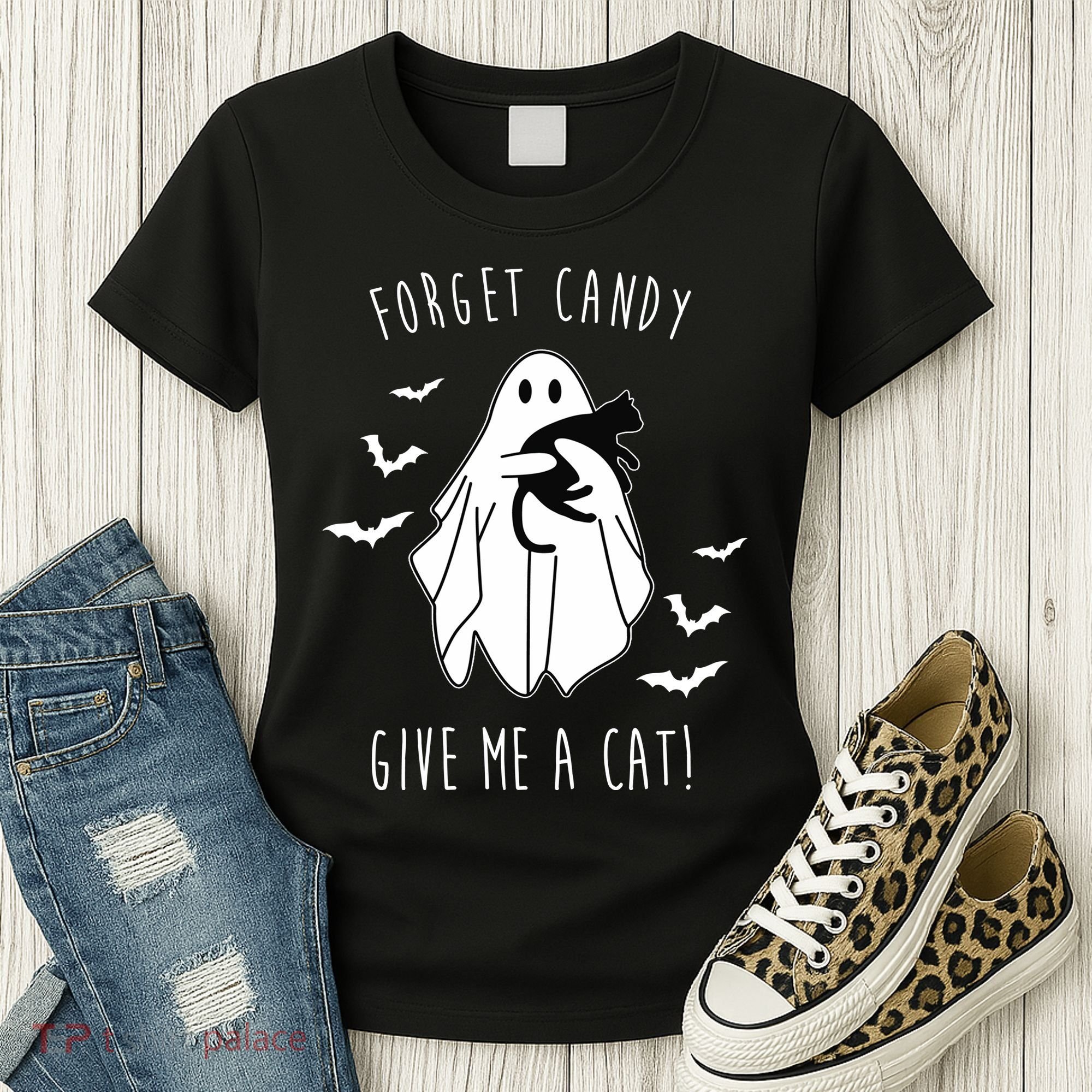 Funny Ghost Forget Candy Give Me A Cat Halloween Women's T-Shirt
