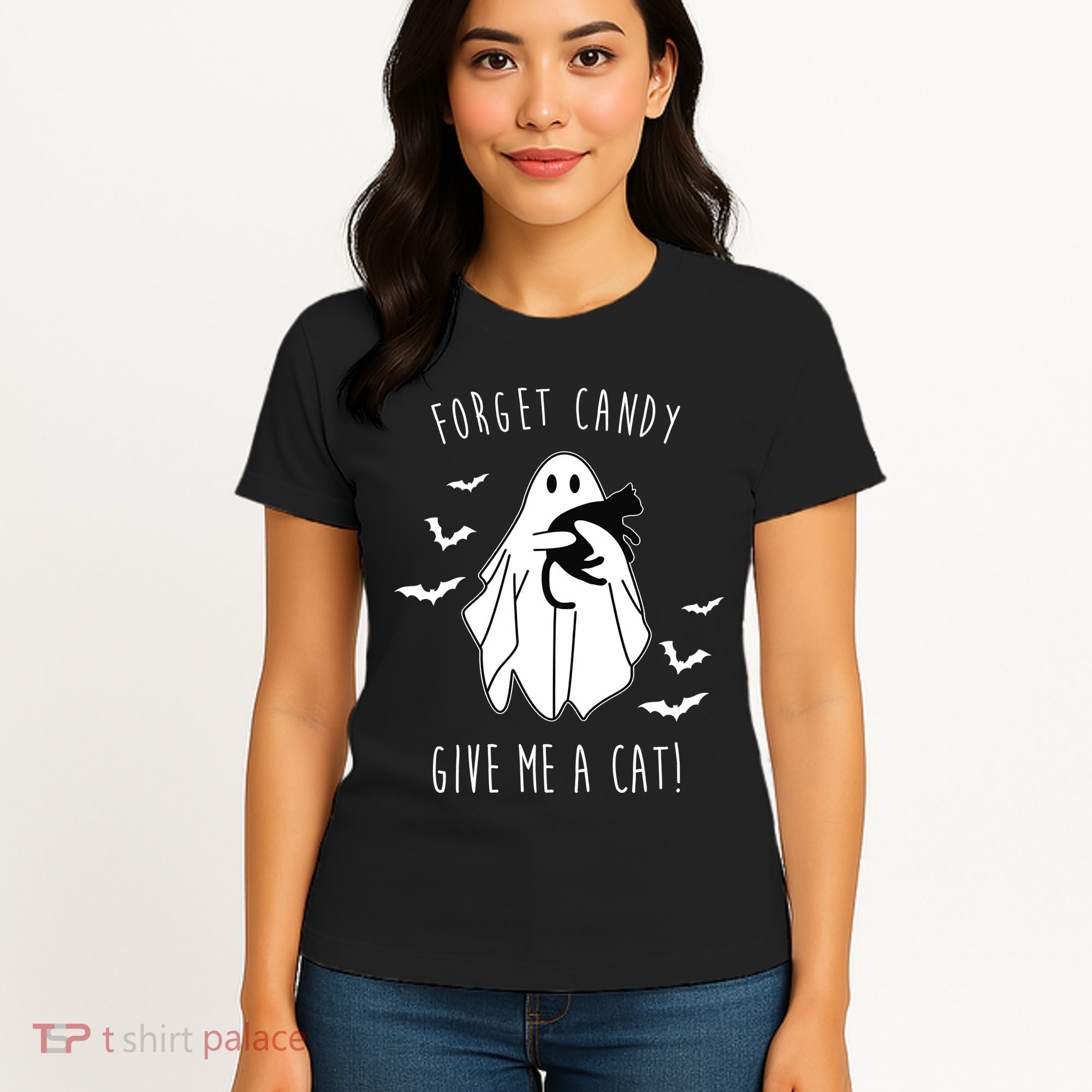 Funny Ghost Forget Candy Give Me A Cat Halloween Women's T-Shirt