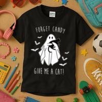 Funny Ghost Forget Candy Give Me A Cat Halloween Kids T-Shirt thumb 3
