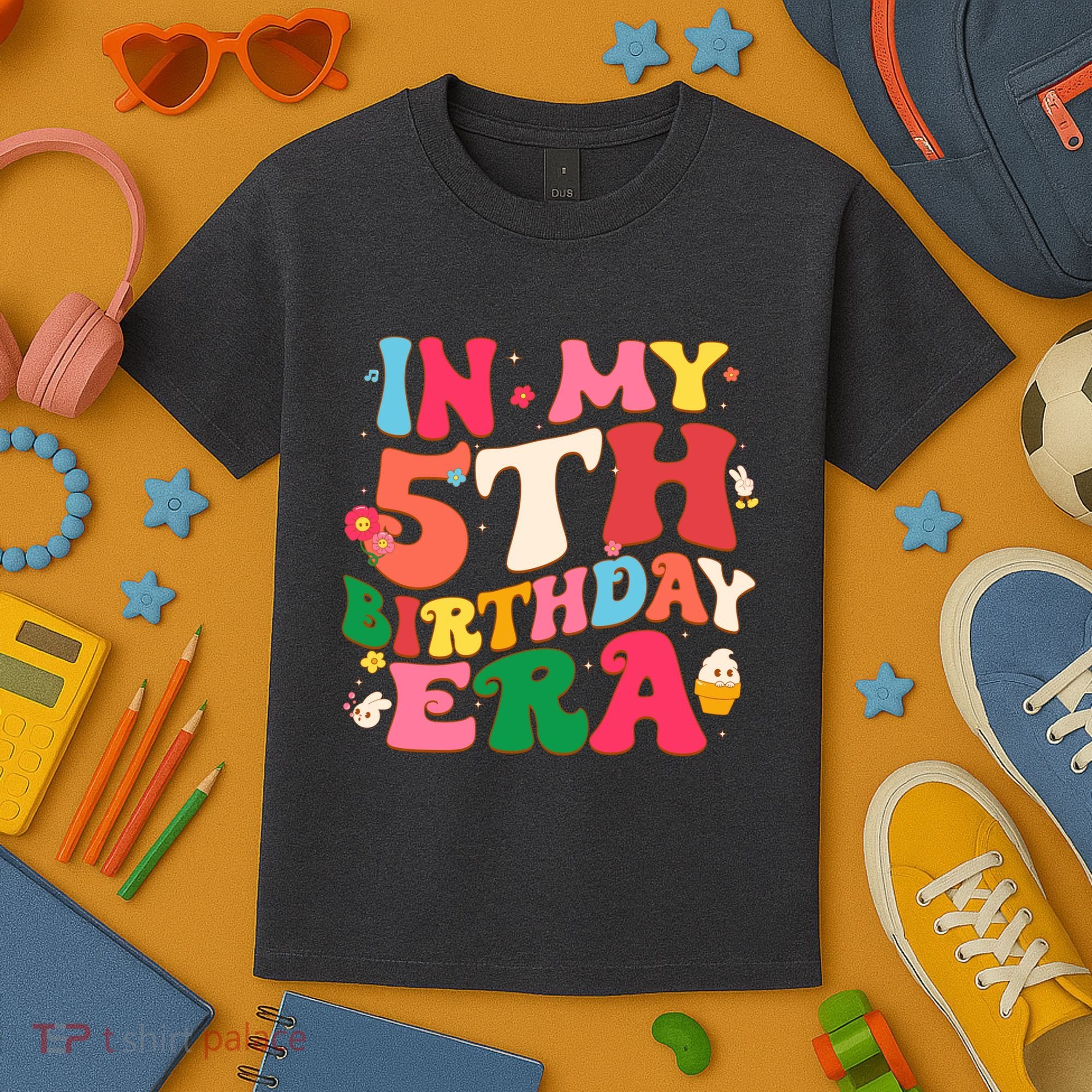 Funny Groovy In My 5th Birthday Era Five Years Old Birthday Kids T-Shirt