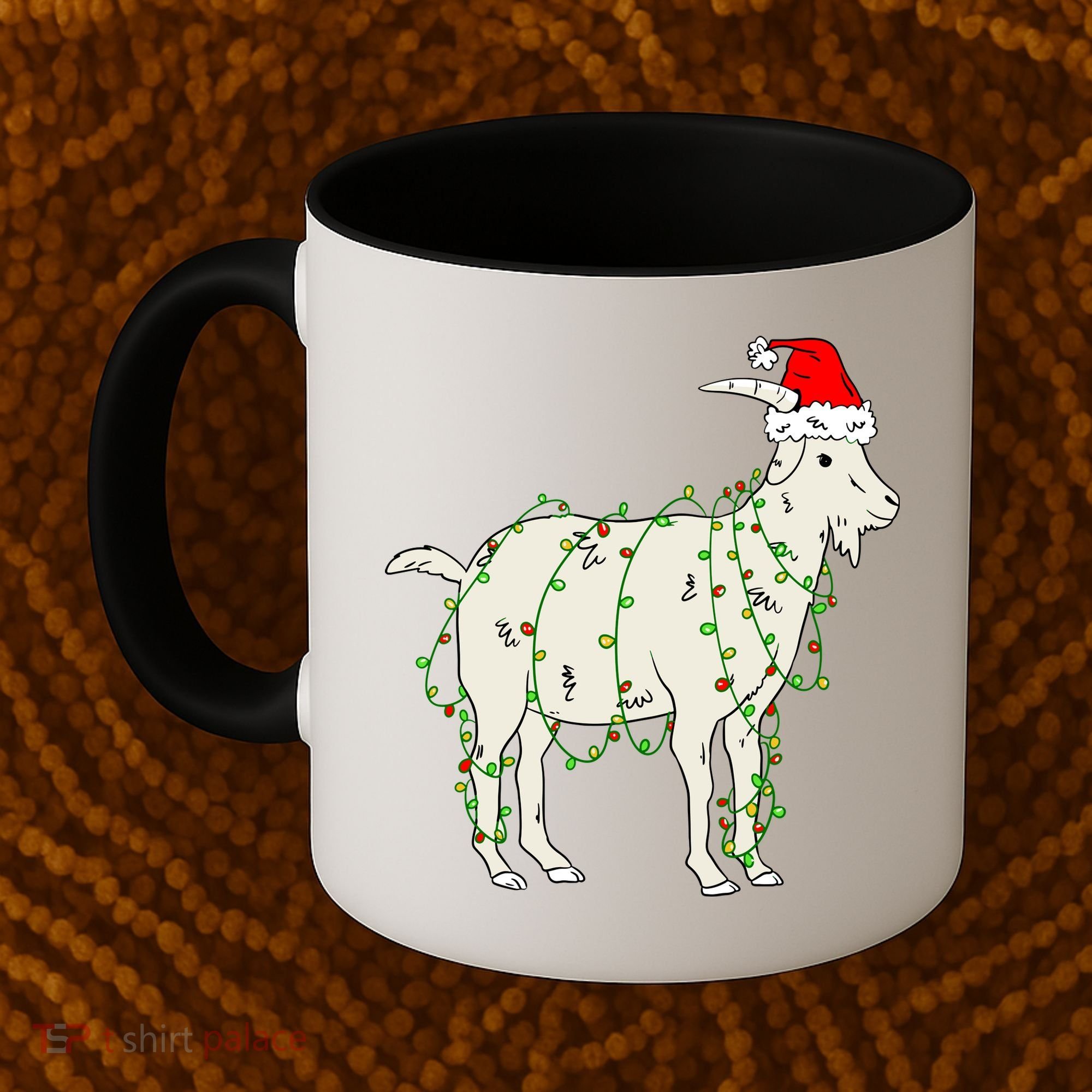 Funny Goat In Tangled Christmas Lights Santa Claus Hat Coffee Mug