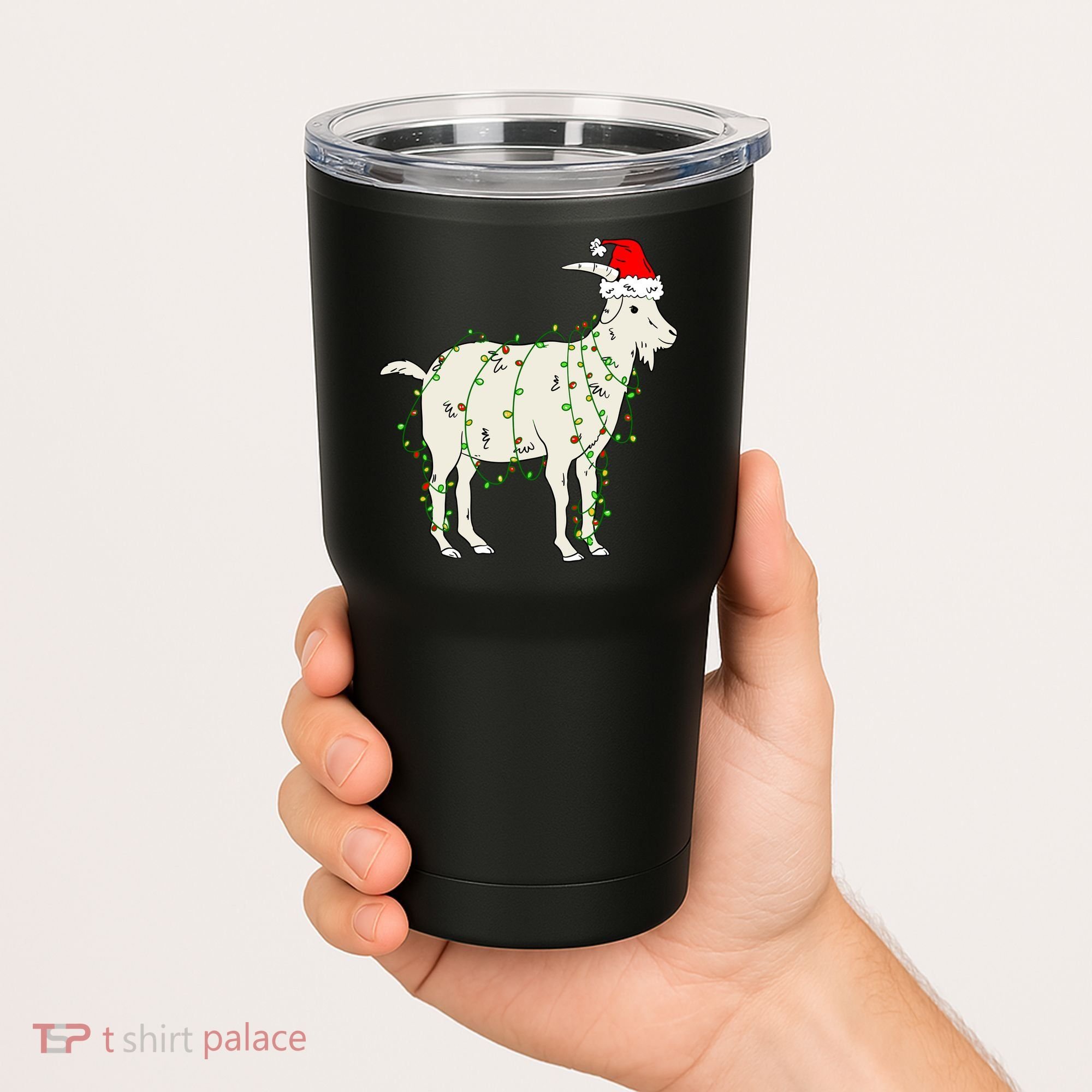 Funny Goat In Tangled Christmas Lights Santa Claus Hat Tumbler