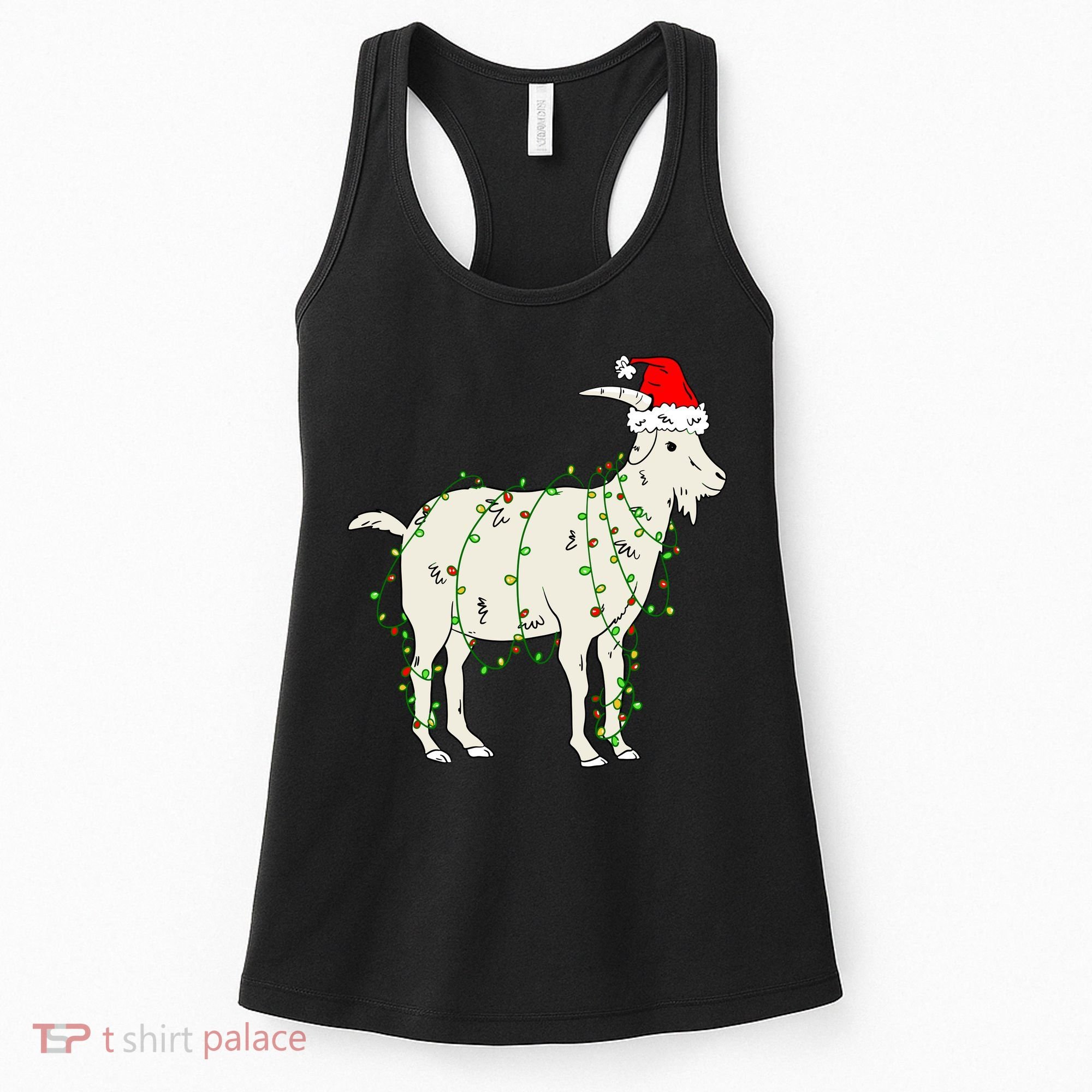 Funny Goat In Tangled Christmas Lights Santa Claus Hat Women's Tank Top